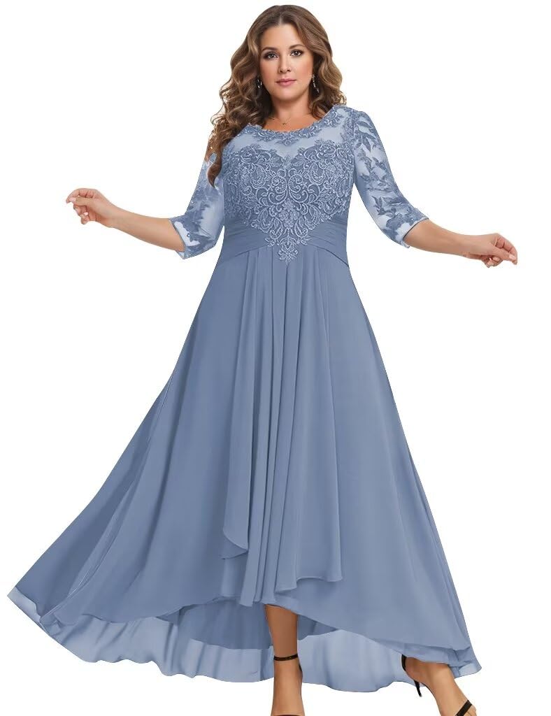 Elegant Tea-Length Mother of the Bride Dress with 3/4 Sleeve Lace & Chiffon - Formal Wedding Guest Gown for Special Occasions - Perfect for Weddings, Receptions & Evening Events