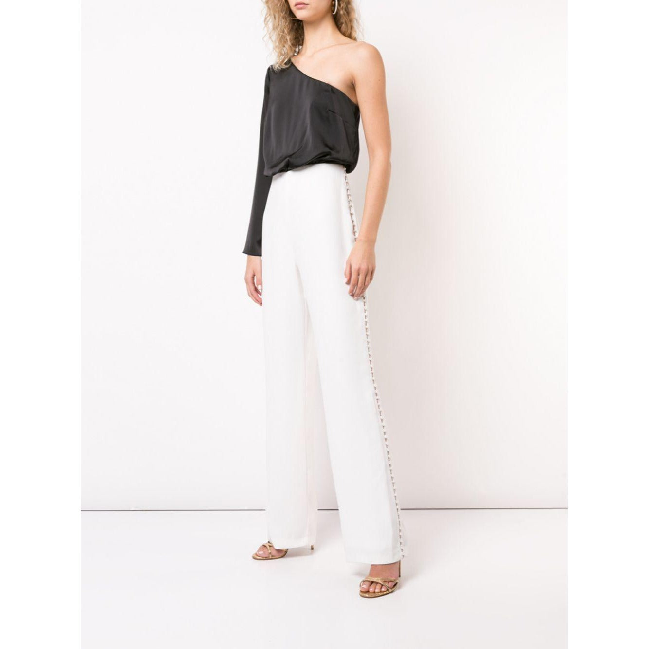 Aidan Mattox Women's Asymmetric Long Sleeve Jumpsuit - Black & Ivory | Elegant One-Piece Romper for Evening Parties, Date Nights & Special Occasions