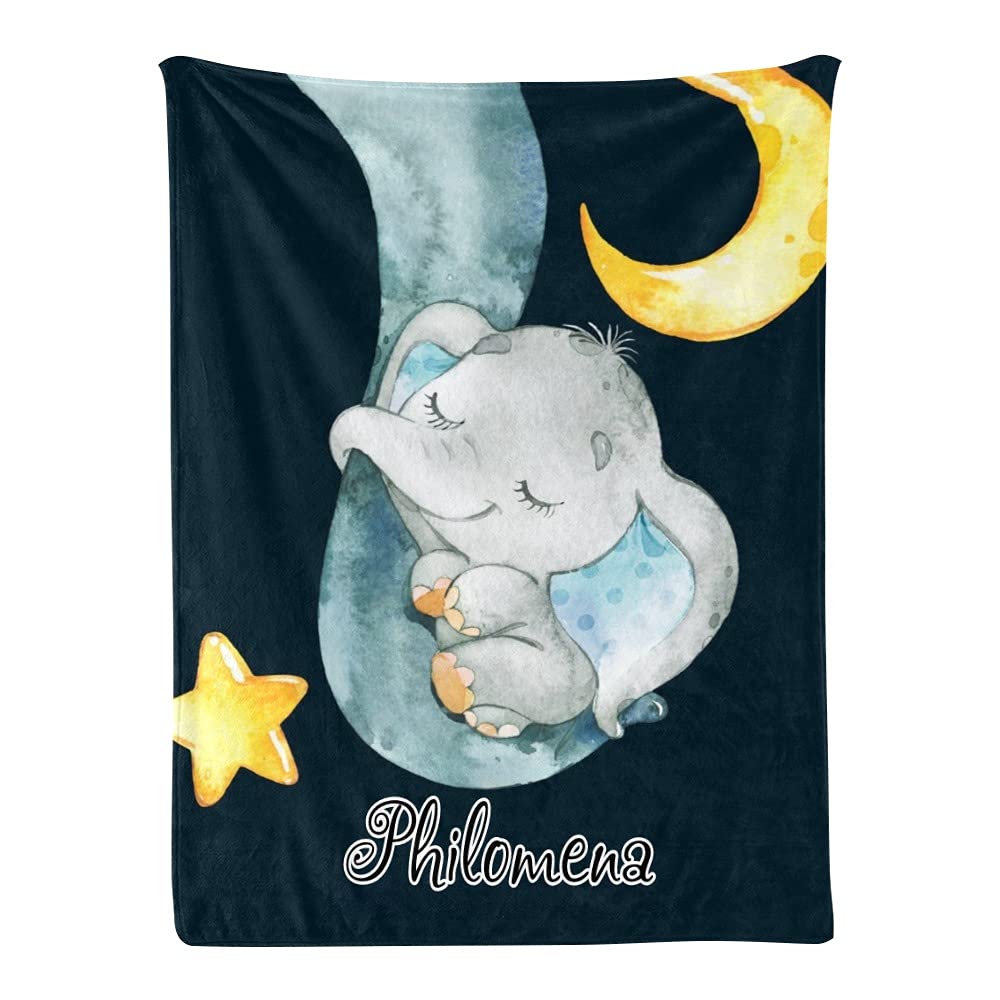 Personalized Baby Blanket with Elephant Moon Design - Custom Name Fleece Nursery Throw for Boys & Girls (30x40 Inches) - Perfect for Newborn Gifts, Baby Showers & Nursery Decor