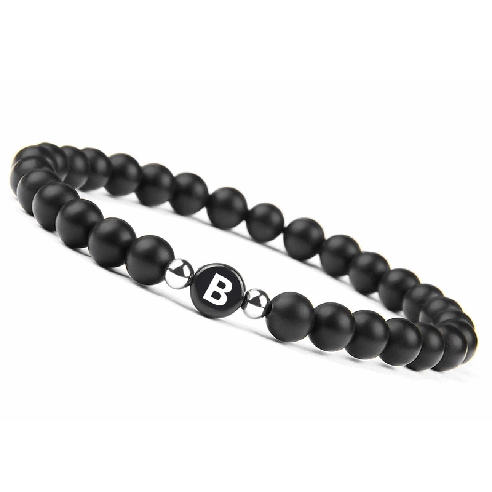 Black Agate Beaded Bracelet for Women & Men - Elastic Letter U Bead Bracelet with Alloy Charms, Unisex Birthday Gift for Her & Him - Perfect for Casual Wear, Parties & Special Occasions