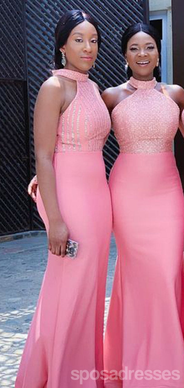 Elegant Pink Mermaid Halter Long Bridesmaid Dresses - WG1417 | Formal Wedding Party Gowns for Bridesmaids, Evening Dresses, Prom & Special Occasions