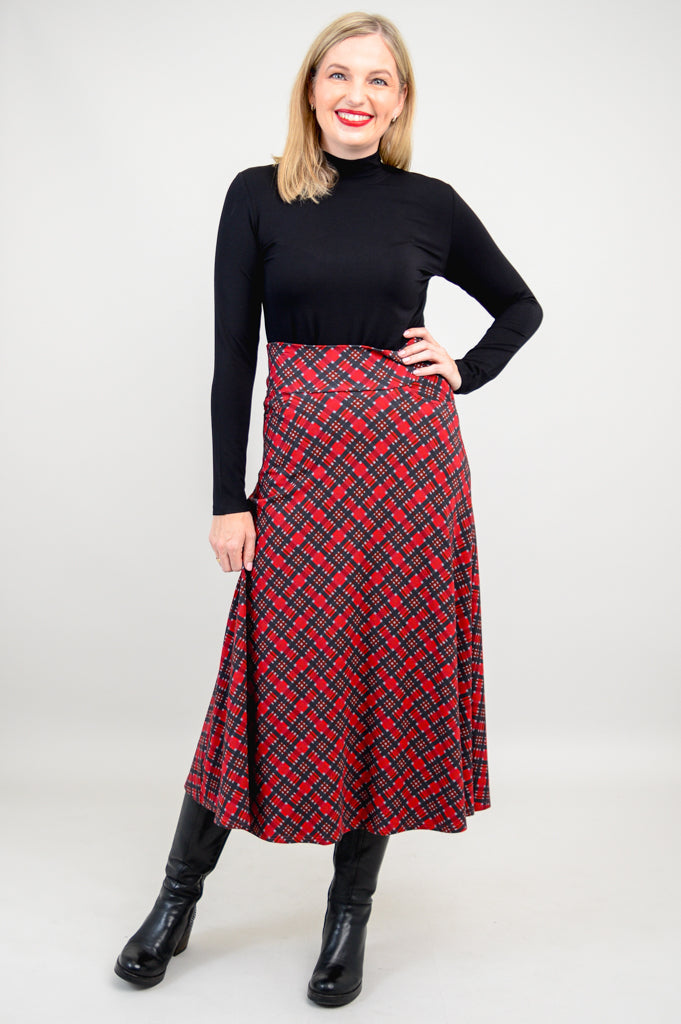 Gillian Skirt - Stylish Cherry Plaid Bamboo Midi Skirt for Women | Perfect for Casual Outings, Office Wear & Summer Fashion