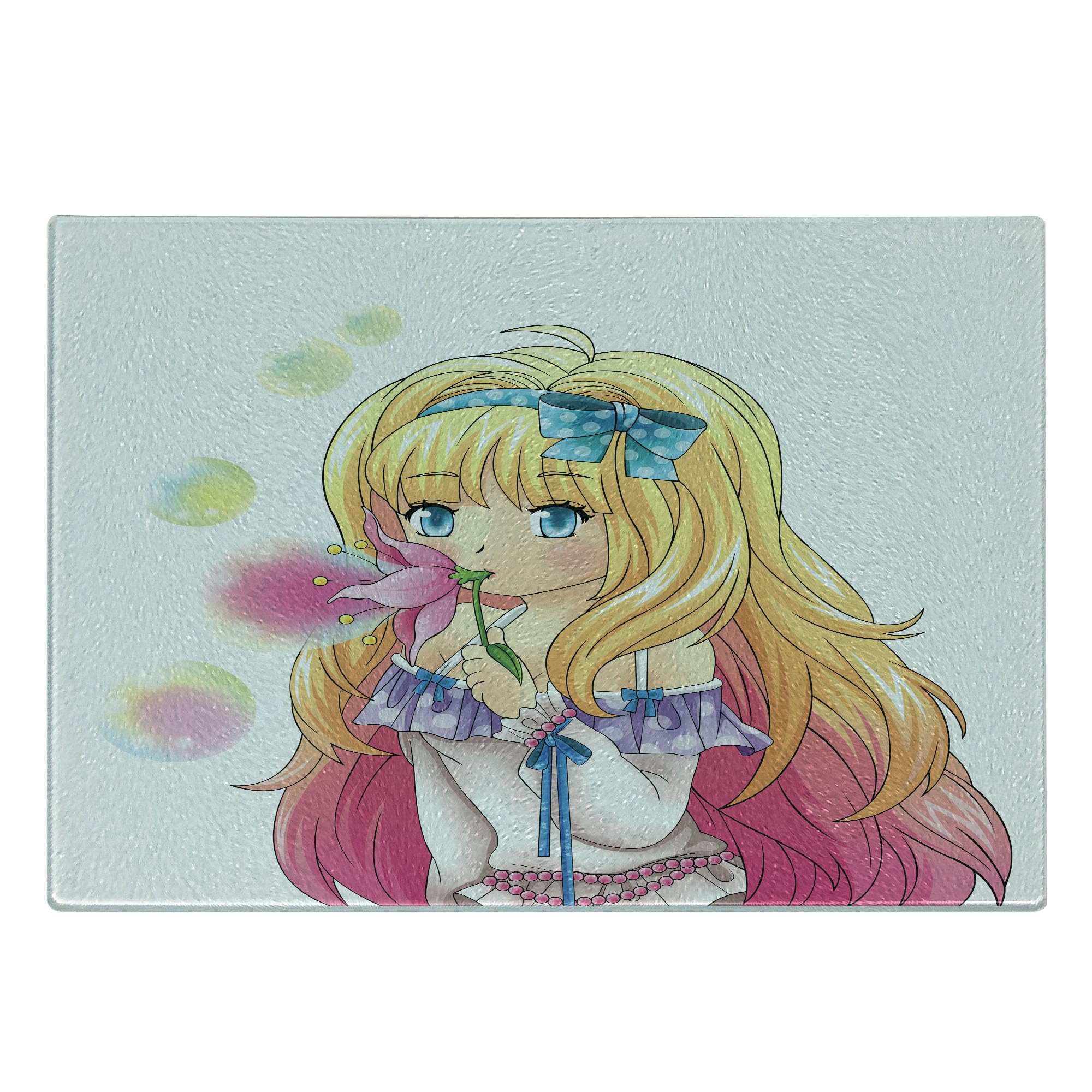Ambesonne Anime Themed Tempered Glass Cutting Board - Cute Manga Girl Blowing Bubbles Japanese Cartoon Art Print - Decorative Serving Board for Kitchen, Small Size in Pink & Yellow - Perfect for Sushi Preparation, Cheese Display, and Home Decor