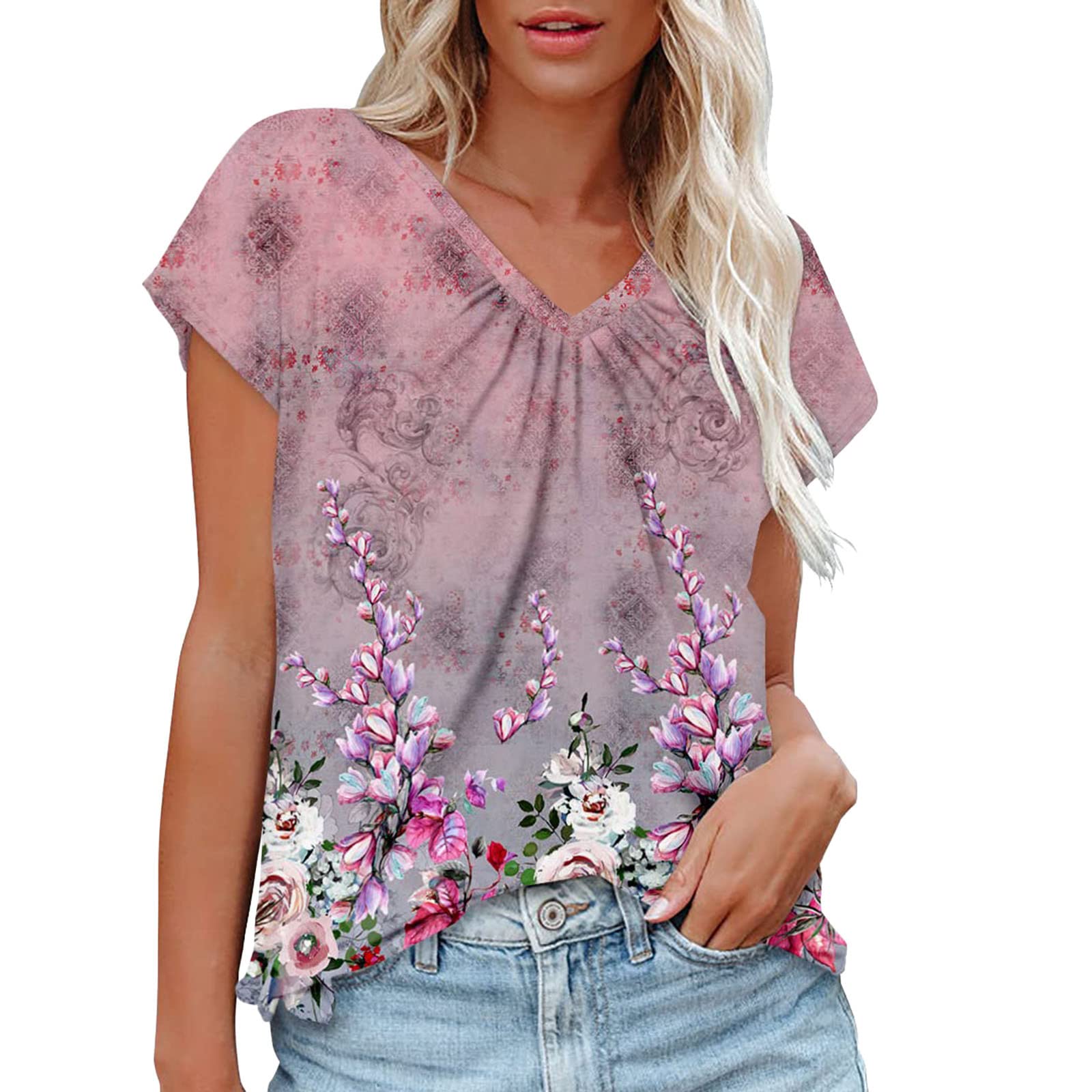 Women's Short Sleeve V-Neck Ruched Blouse - Loose Fit Casual Tunic Top for Summer | Trendy Basic Tee Shirt for Ladies | Perfect for Beach Outings, Weekend Brunch & Vacation Wear