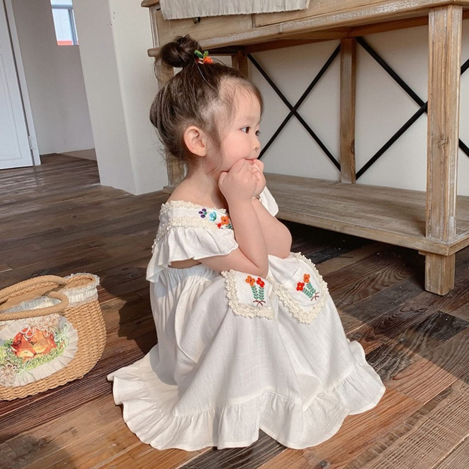 Toddler Girls Summer Dress - Linen Short Sleeve with Floral Embroidery | Princess Style Baby Clothes for Outdoor Play & Special Occasions