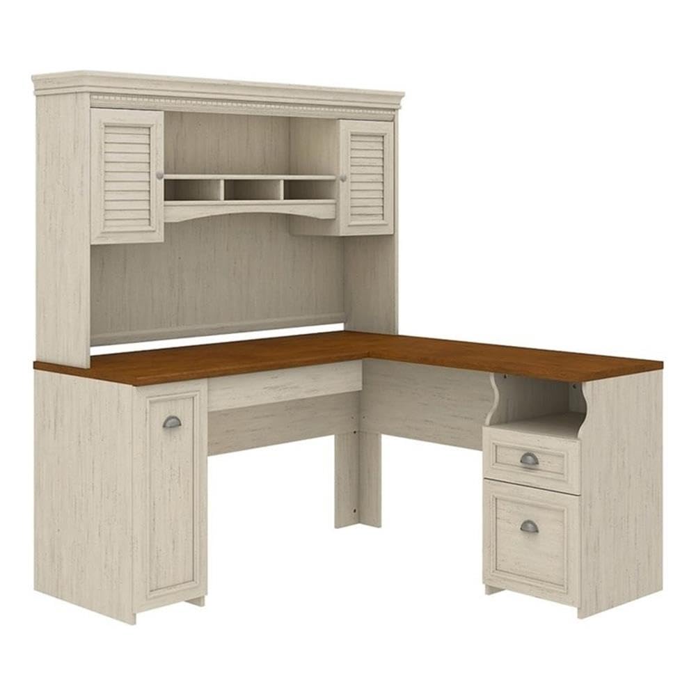 Farmhouse L-Shaped Wooden Desk with Hutch - Antique White & Maple Finish | Home Office, Study Room & Workspace Furniture for Rustic Decor