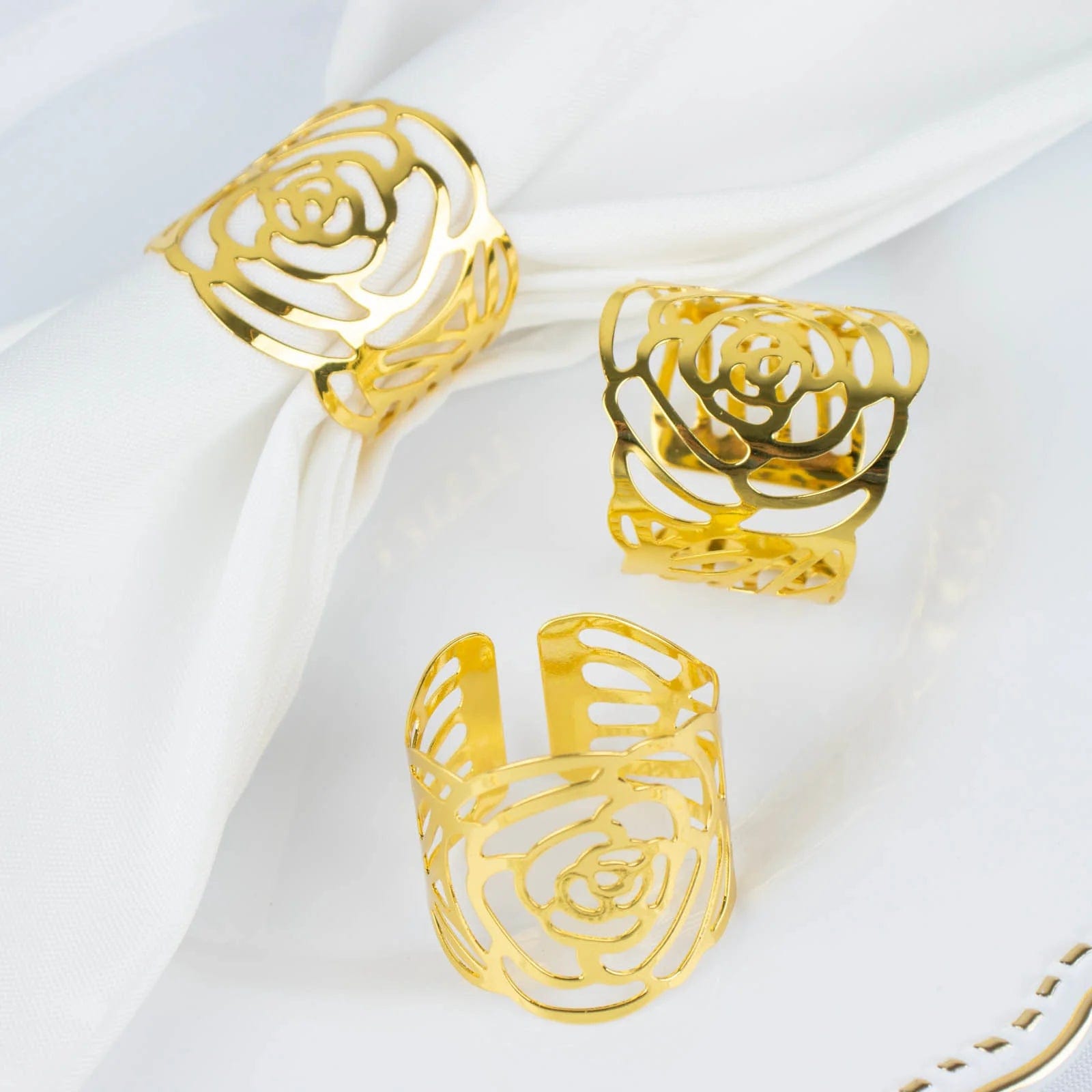 4 Pack Laser Cut Rose Flower Design Decorative Metal Napkin Rings - Gold for Wedding, Party, and Holiday Table Decor