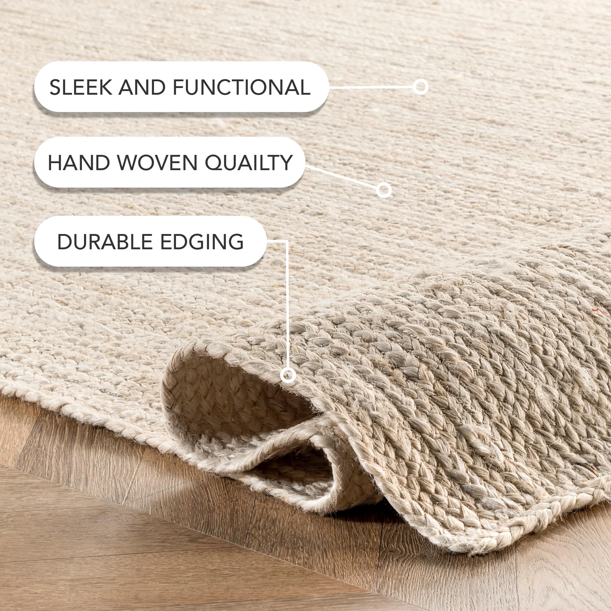 nuLOOM 8x10 Rigo Jute Hand Woven Natural Fiber Area Rug - Off White Solid Farmhouse Design for Bedroom, Living Room, Dining Room, Hallway, Office, Kitchen & Entryway | Eco-Friendly Home Decor & Cozy Floor Covering