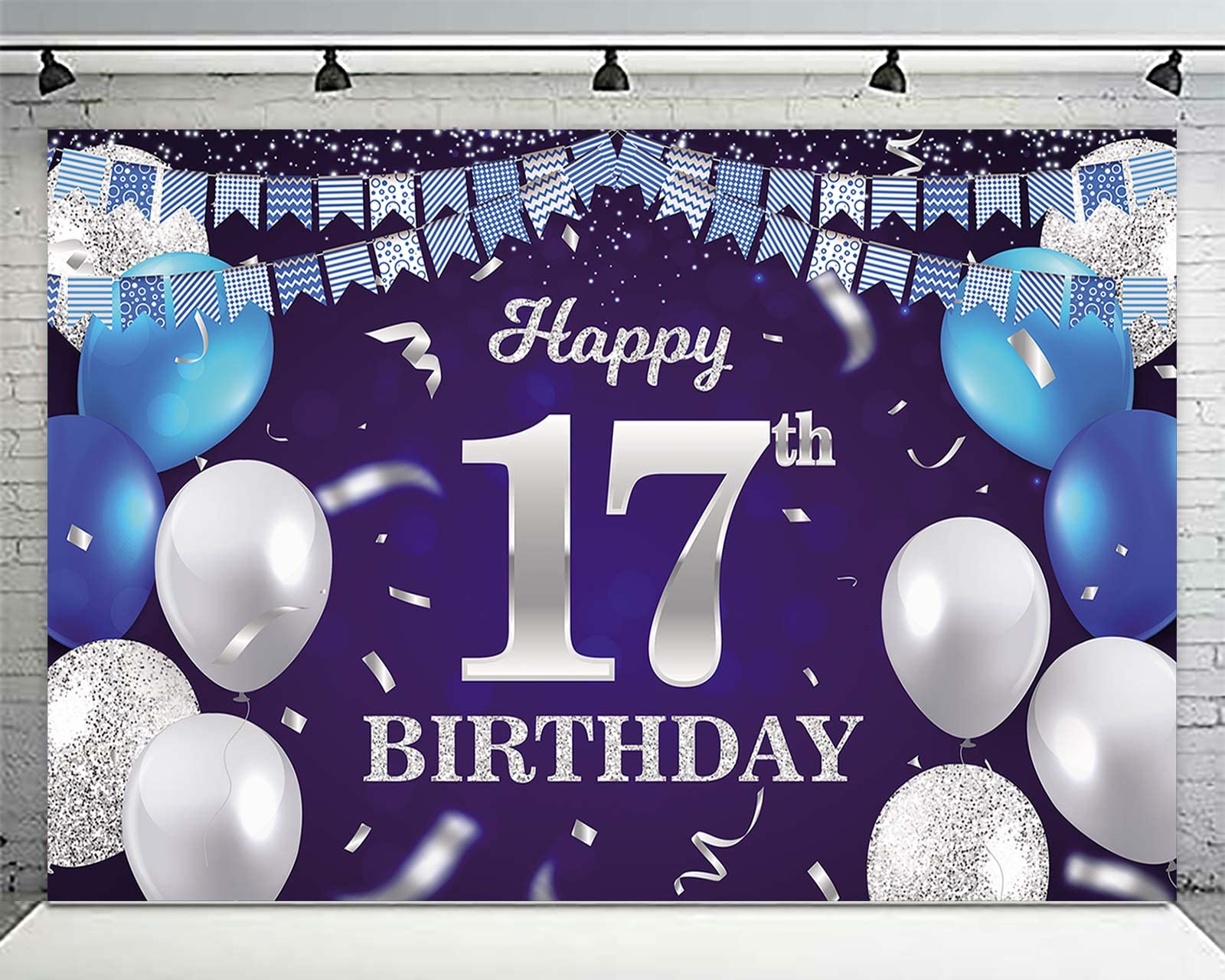 Happy 17th Birthday Banner - Navy Blue Balloons & Glitter Silver Confetti Backdrop with Striped Flags for Girls & Boys Birthday Party Decorations | Perfect for Sweet 17 Celebrations, Photo Booths & Milestone Birthday Parties