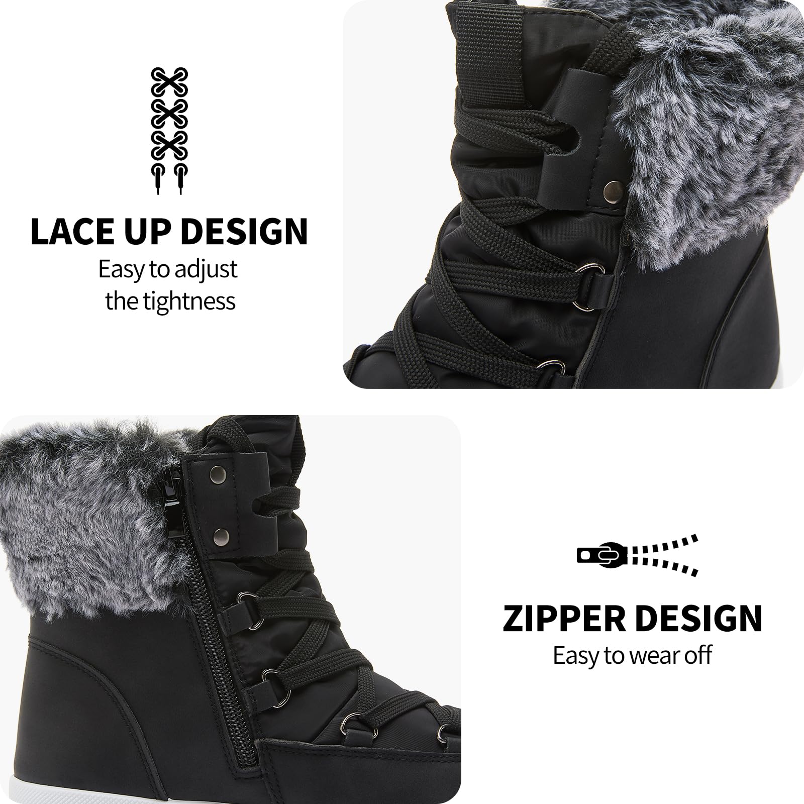 Women's Fuzzy Mid-Calf Snow Boots - Waterproof Winter Combat Boots with Non-Slip Sole & Zipper Closure (Black/White) | Perfect for Snowy Days, Outdoor Adventures & Casual Winter Fashion