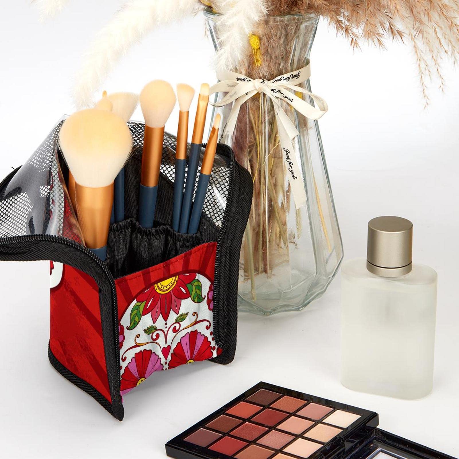 Portable Makeup Brush Organizer Bag with 12 Slots - Sugar Skull Red Design Travel Cosmetic Brush Holder Case - Perfect for Makeup Artists & Travel | Home Vanity & Professional Kit Organization