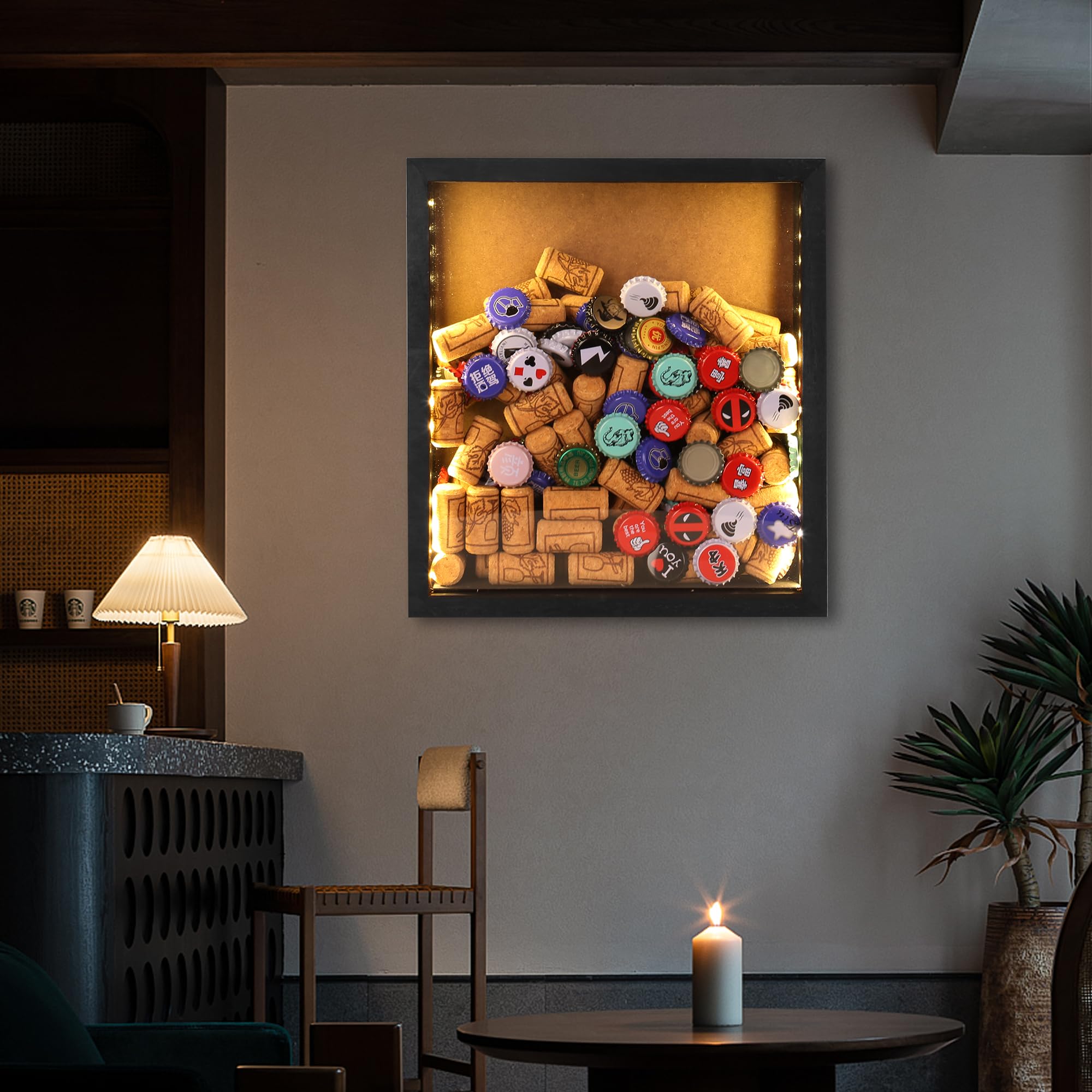 11x12 Shadow Box with Slot - Wine Cork Holder & Ticket Display Case Frame with LED Light - Beer Caps Showcase - Christmas Home Decor (Black) - Perfect for Wall Display, Collectibles, and Gift Giving
