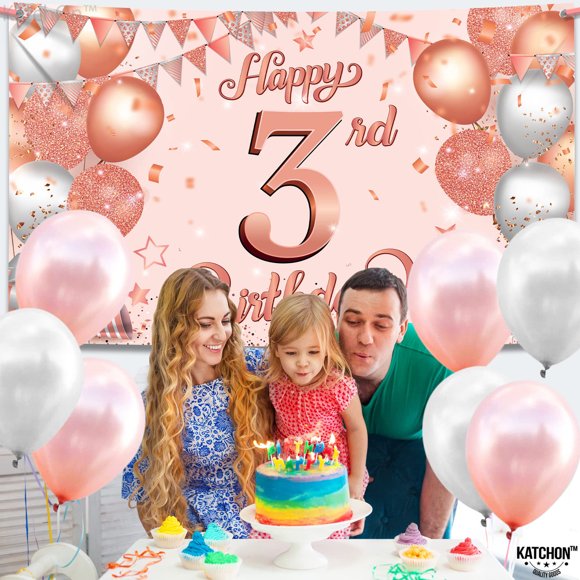 KatchOn Rose Gold Happy 3rd Birthday Banner - Extra Large 72x44 Inch | Elegant Rose Gold Birthday Party Decorations for Girls | Premium 3 Year Old Birthday Backdrop | Perfect for Birthday Photoshoots, Party Decor & Milestone Celebrations