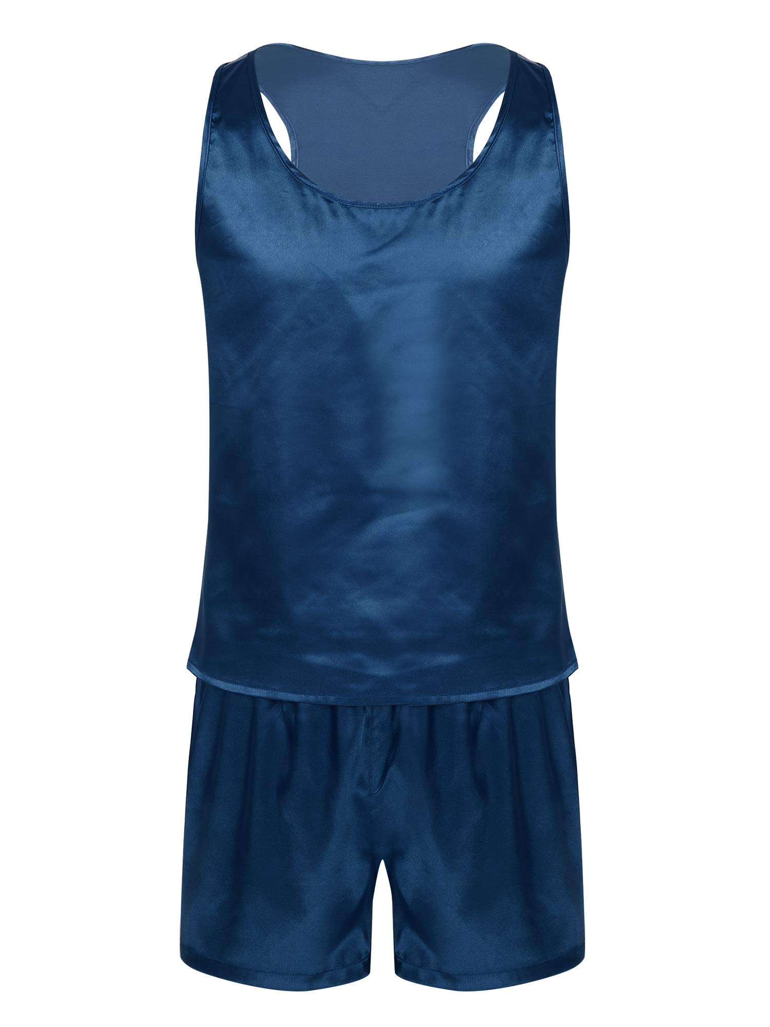 FEESHOW Men's Satin Pajama Set - Breathable Sleepwear Vest & Shorts for Lounge, Nightwear & Summer Comfort - Perfect for Home Relaxation, Vacation & Bedtime