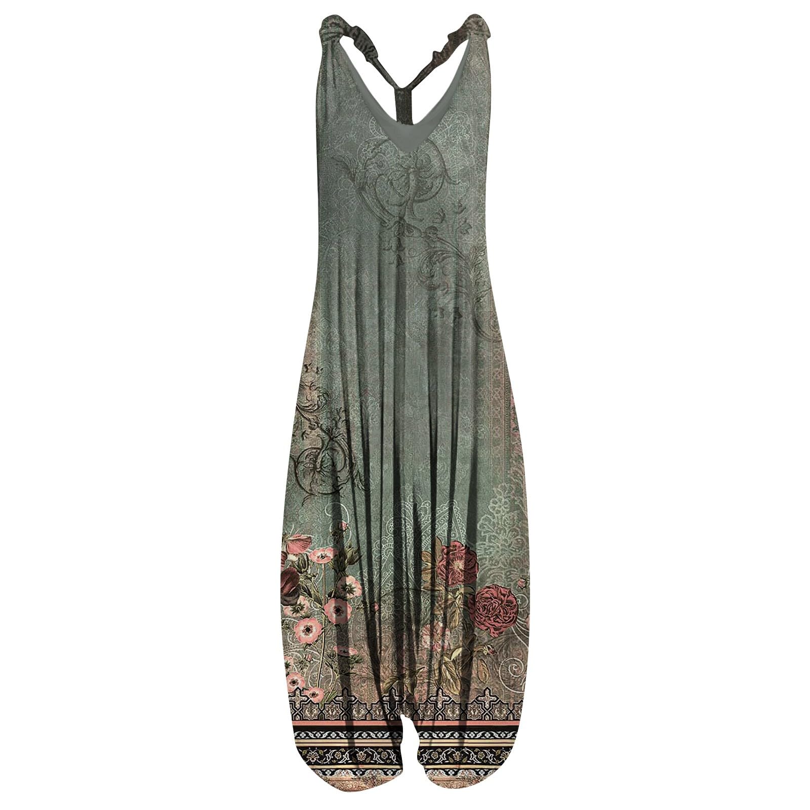 Women's V-Neck Sleeveless Racerback Jumpsuit - Casual One Piece Romper Overalls for Spring & Summer 2024 - Plus Size Dressy Vacation & Resort Wear (Army Green, Small) | Perfect for Beach Outings, Travel & Casual Daywear