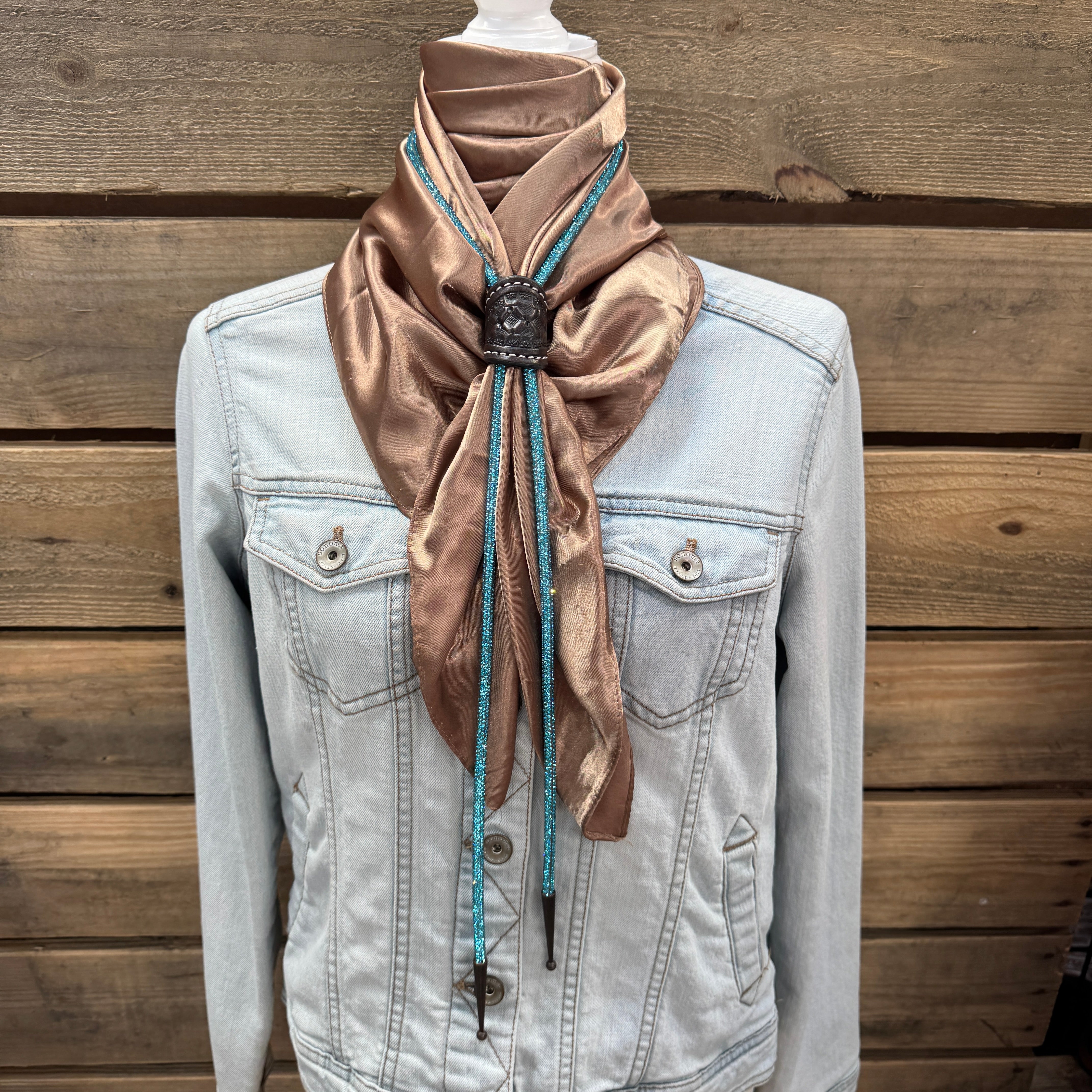 35X35 Solid Tan Wild Scarf with Leather Slide and Bolo Tie - Western Style Bandana for Cowboy, Rodeo, and Outdoor Adventures