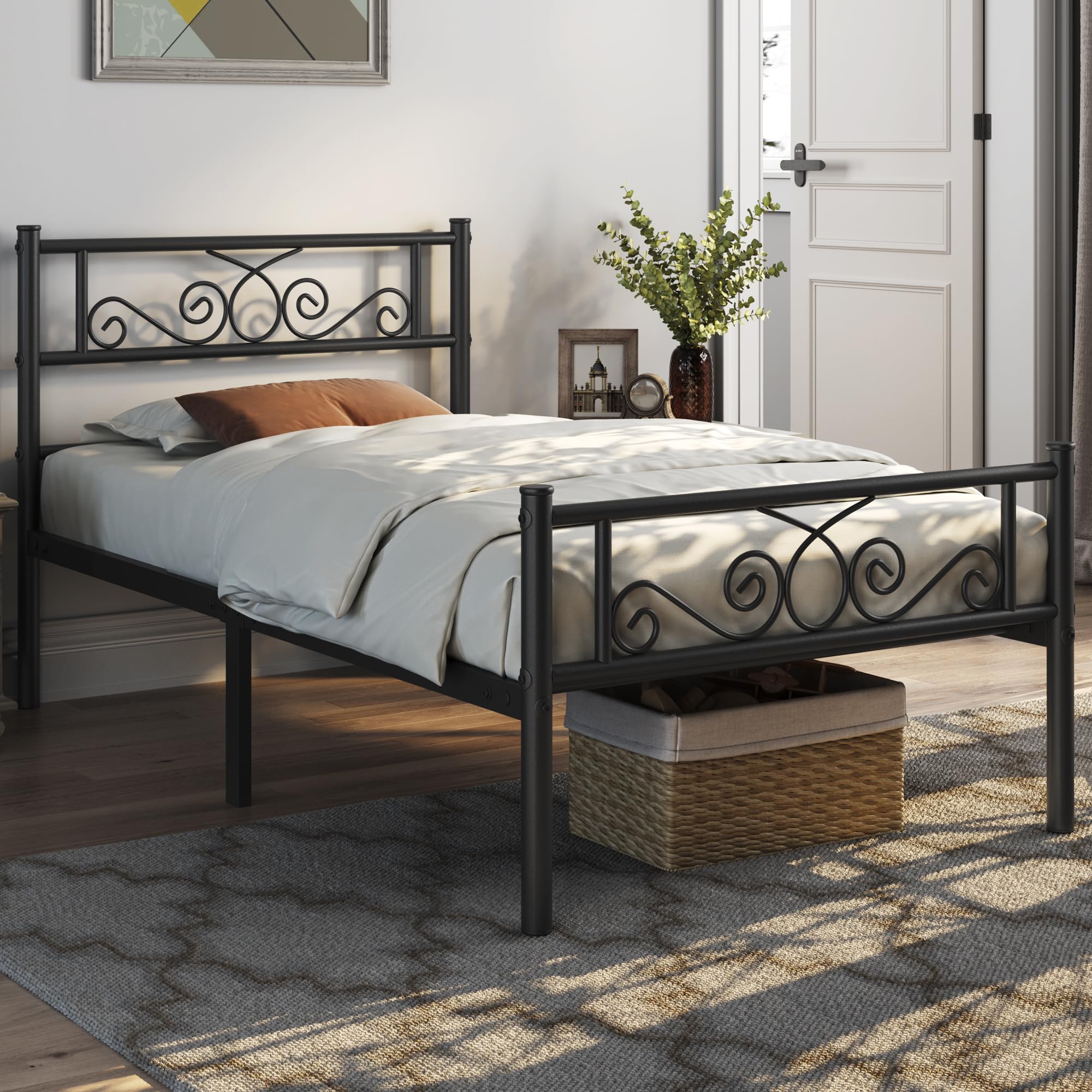 Topeakmart 13 Inch Twin Size Metal Bed Frame with Headboard - Sturdy Mattress Foundation, Platform Bed & Slatted Base for Bedroom, Guest Room, Dorm or Apartment
