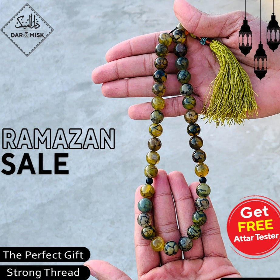Green Shajri Aqeeq Tasbeeh Prayer Beads - 10mm Gemstone Islamic Rosary with 33 Beads | Perfect for Daily Dhikr, Meditation & Spiritual Healing