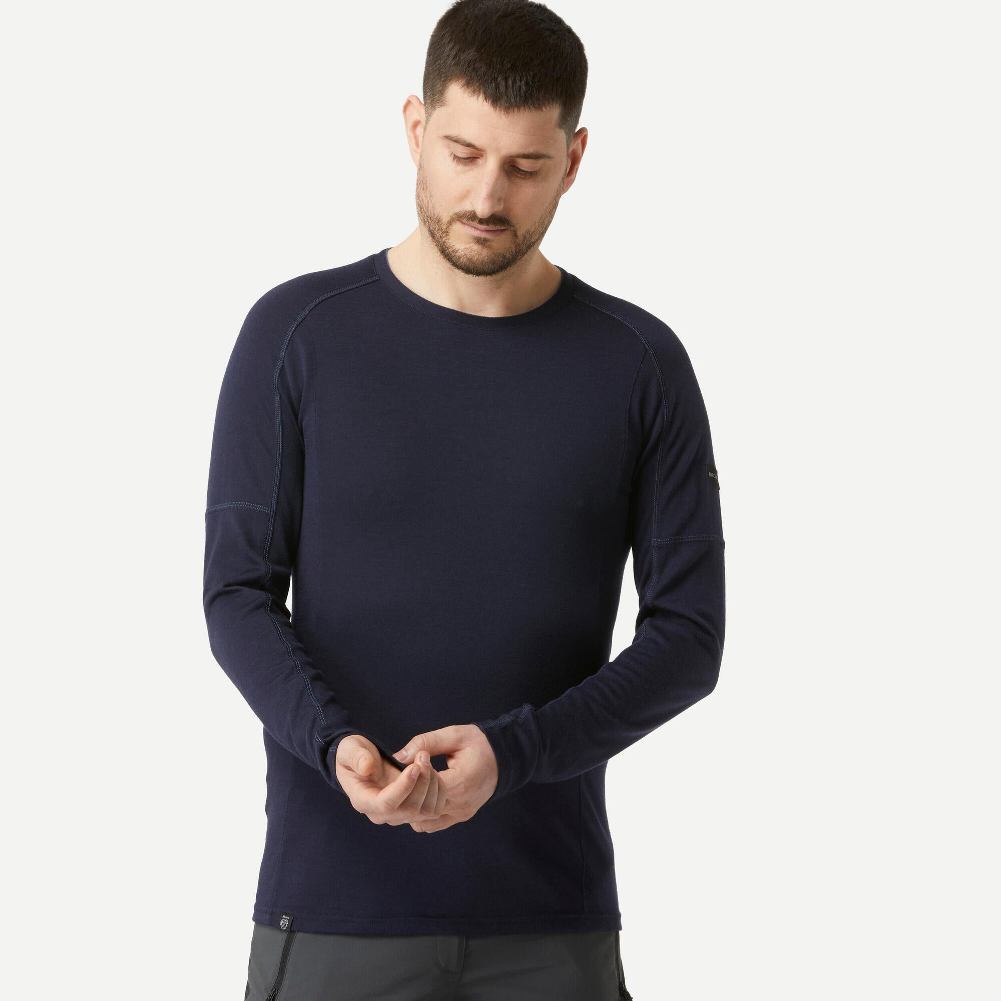 Forclaz Men's MT500 Merino Wool Long Sleeve Hiking Shirt - Warm & Breathable Base Layer for Outdoor Adventures & Cold Weather Activities