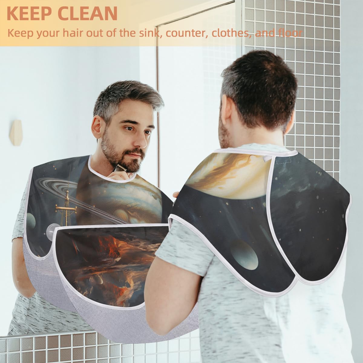 Cosmic Rocky Planet Beard Shaving Bib for Men - Waterproof Barber Cape for Haircut, Beard Trimming & Hair Dye - Sink Hair Catcher Apron for Salon & Home Use - Perfect Gift for Barbers & Stylists
