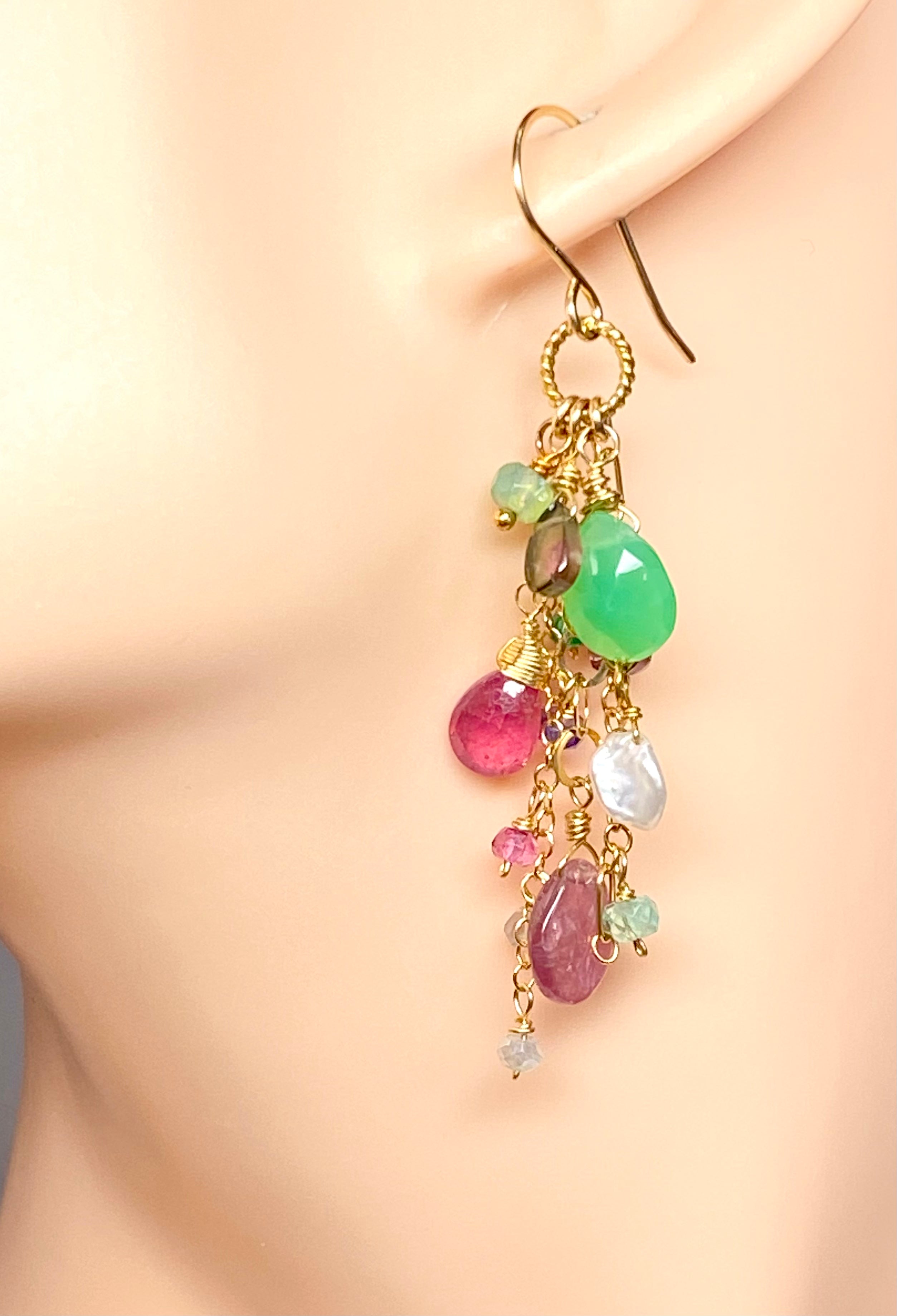 Pink Tourmaline & Green Chrysoprase Dangle Earrings - 14K Gold Filled Gemstone Jewelry for Women - Perfect for Weddings, Parties & Special Occasions