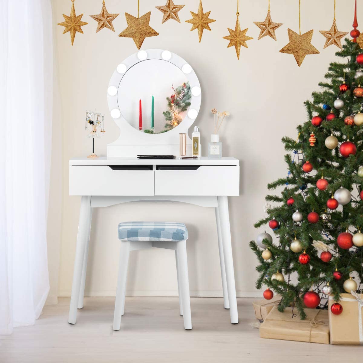 Giantex White Vanity Set with Round Lighted Mirror - Adjustable Brightness Makeup Dressing Table with 8 LED Bulbs, Cushioned Stool & 2 Sliding Drawers | Perfect for Bedroom, Dorm Room & Bridal Makeup Station