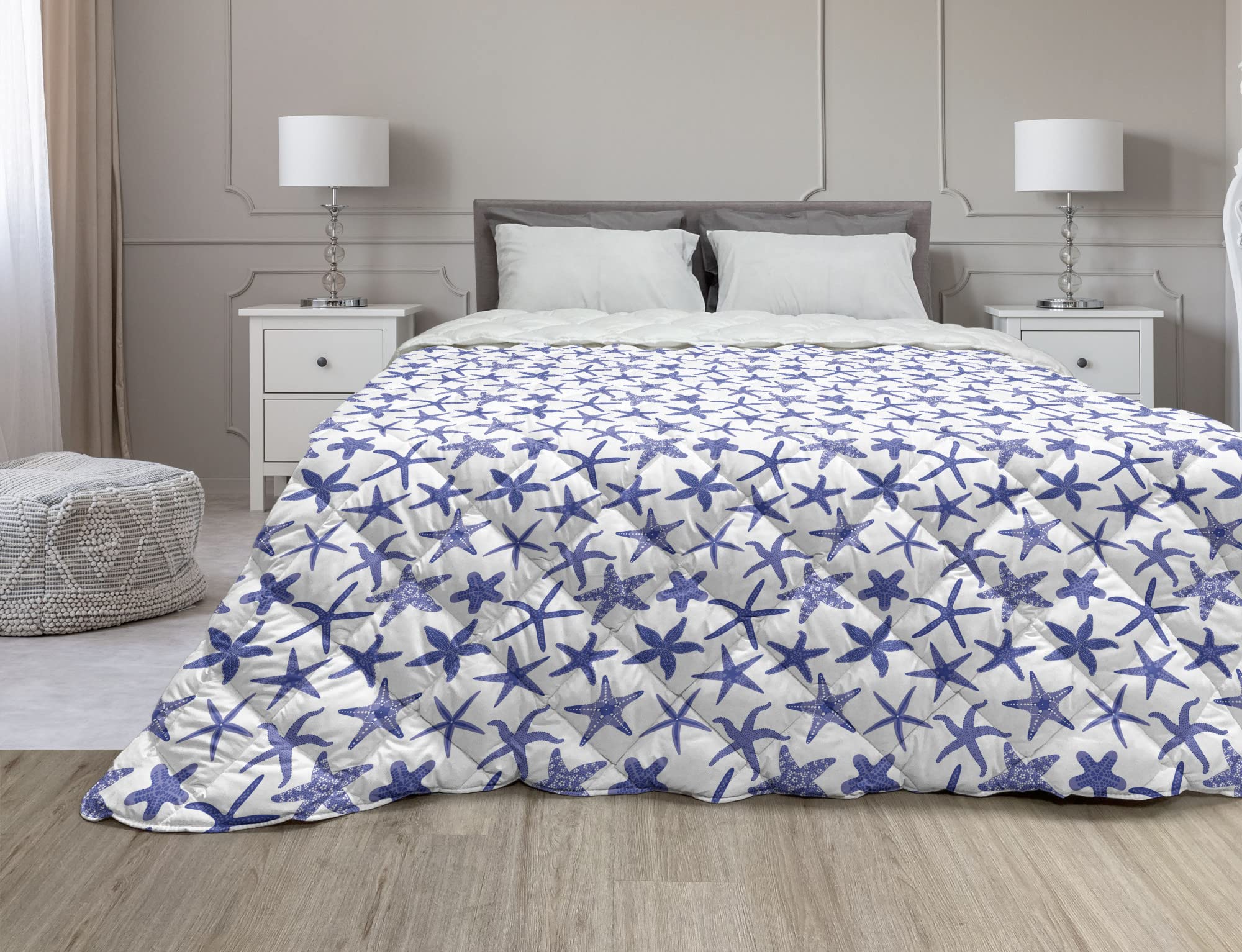 Ambesonne Aquarium Down Alternative Comforter - Queen Size Microfiber Quilt with Starfish Marine Art Design in White & Persian Blue | All-Season Bedding for Coastal, Nautical or Beach-Themed Bedrooms