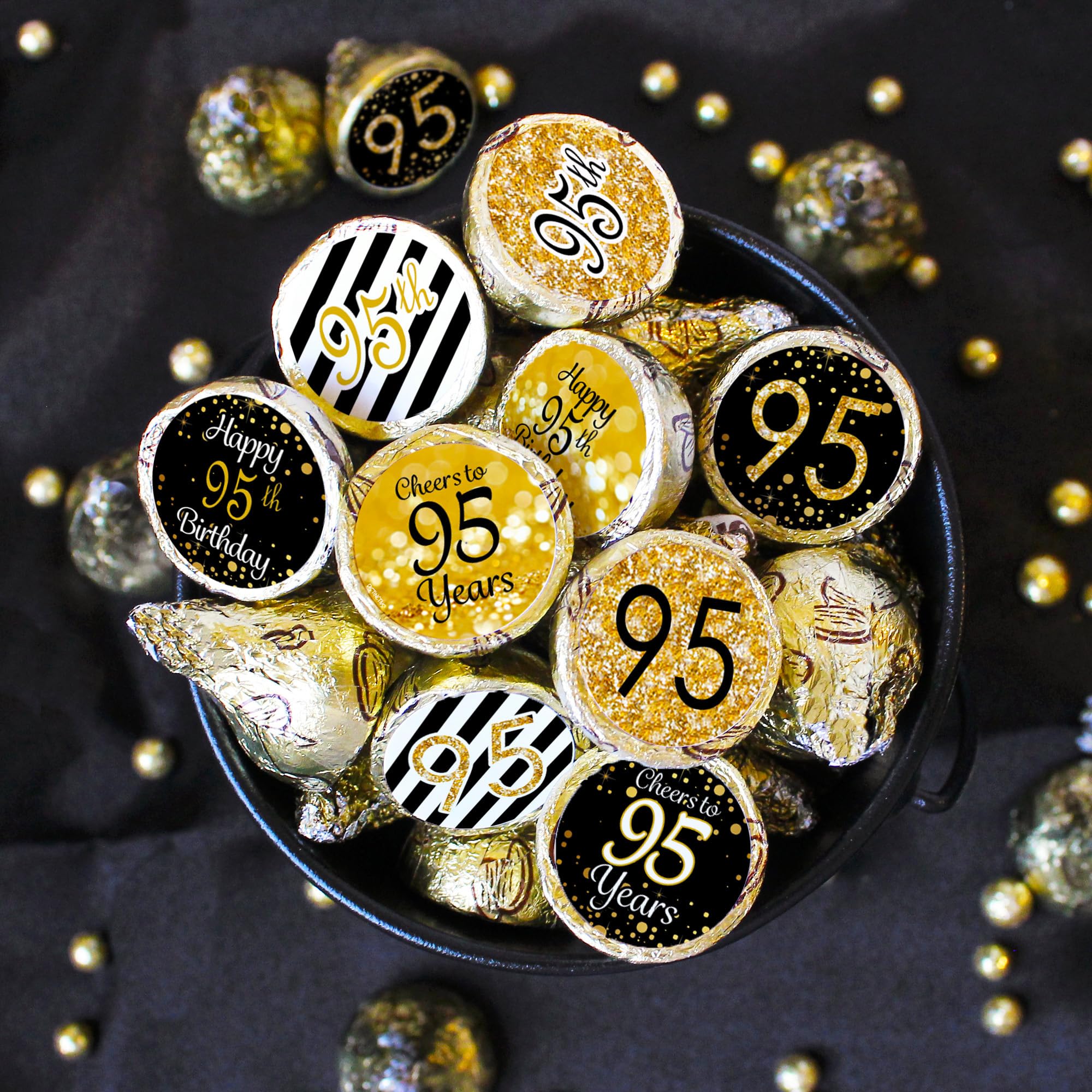 Black and Gold 95th Birthday Party Favors - 180 Chocolate Kisses Candy Stickers for 95th Birthday Decorations - Perfect for Milestone Celebrations, Gift Bags & Dessert Toppings