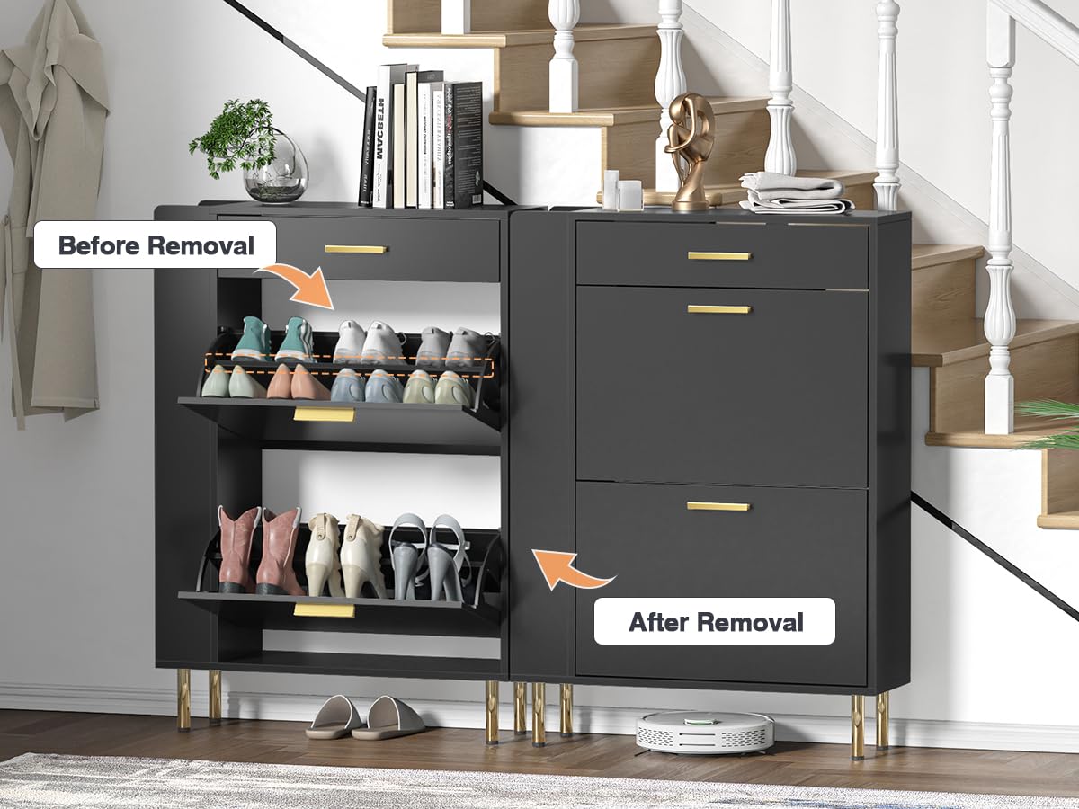 Anmytek Modern Black Shoe Cabinet with 2 Flip Drawers - Freestanding Shoe Storage Organizer for Entryway, Hallway, Bedroom & Closet - Space Saving Narrow Shoe Rack with Storage Drawers for Shoes, Boots & Accessories