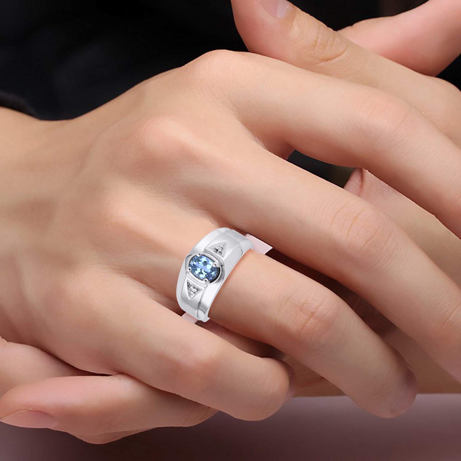 Rylos Men's Sterling Silver 7X5MM Oval Gemstone & Diamond Ring - Classic Birthstone Rings for Men, Sizes 8-13 | Perfect for Weddings, Anniversaries & Special Occasions