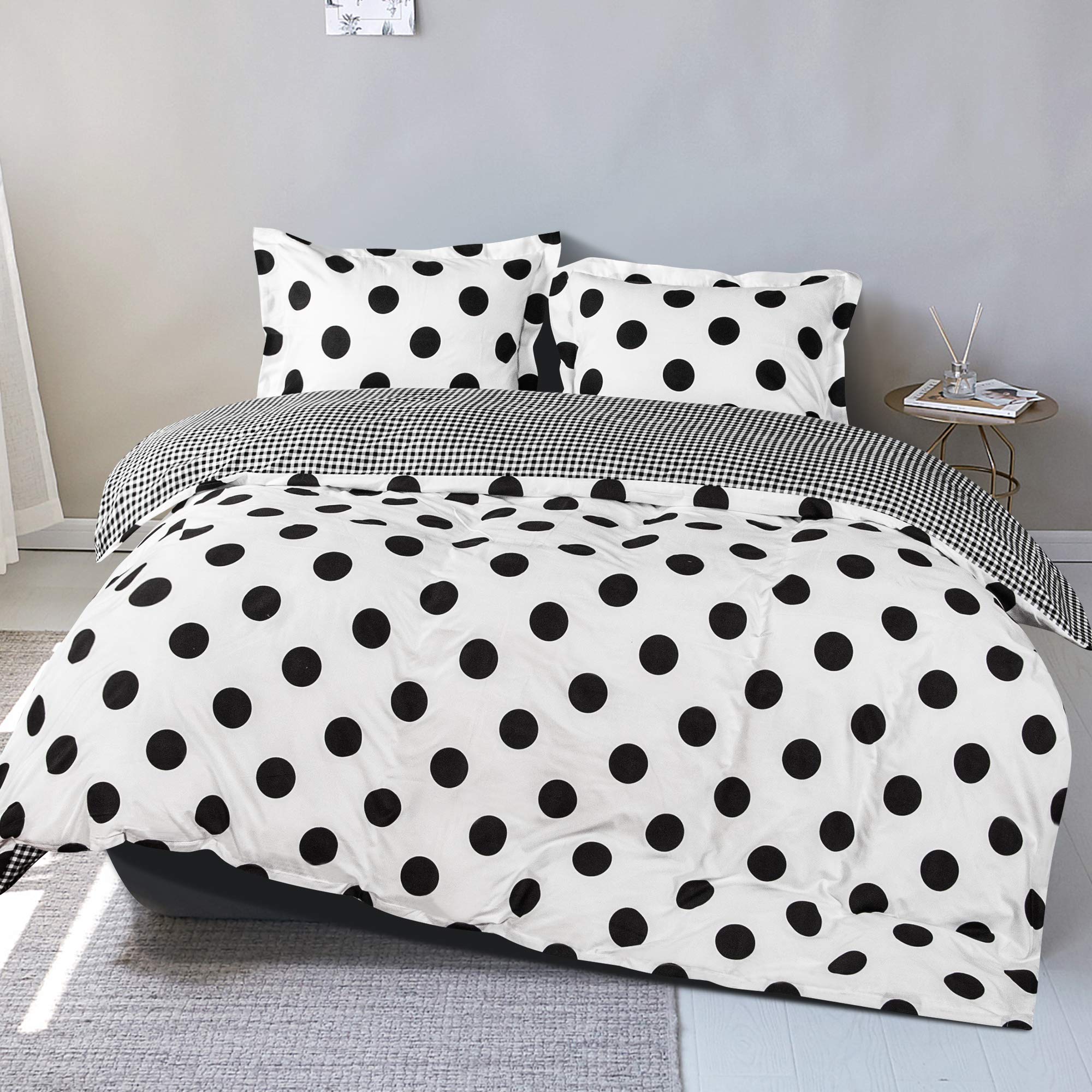 FLXXIE 2-Piece Microfiber Twin Duvet Cover Set - Black & White Polka Dot Print, Zipper Closure & Corner Ties, 68x90 Inches Duvet Cover + Pillow Sham | Soft Bedding for Kids Room, Guest Bedroom & Dorm Decor