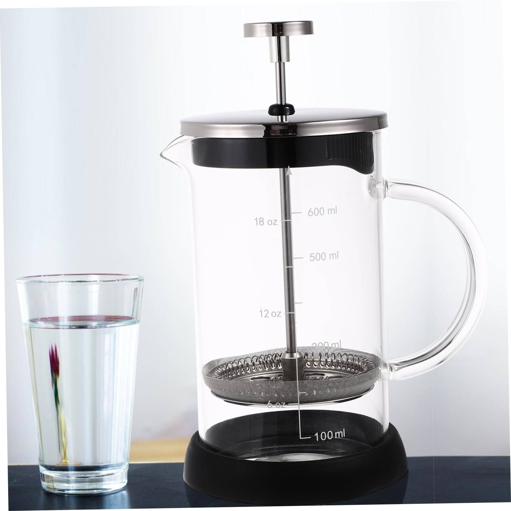 Mikinona 600ml Thick Glass Coffee Maker & Tea Pot with Scale - Manual French Press for Home Brewing, Camping & Office Use