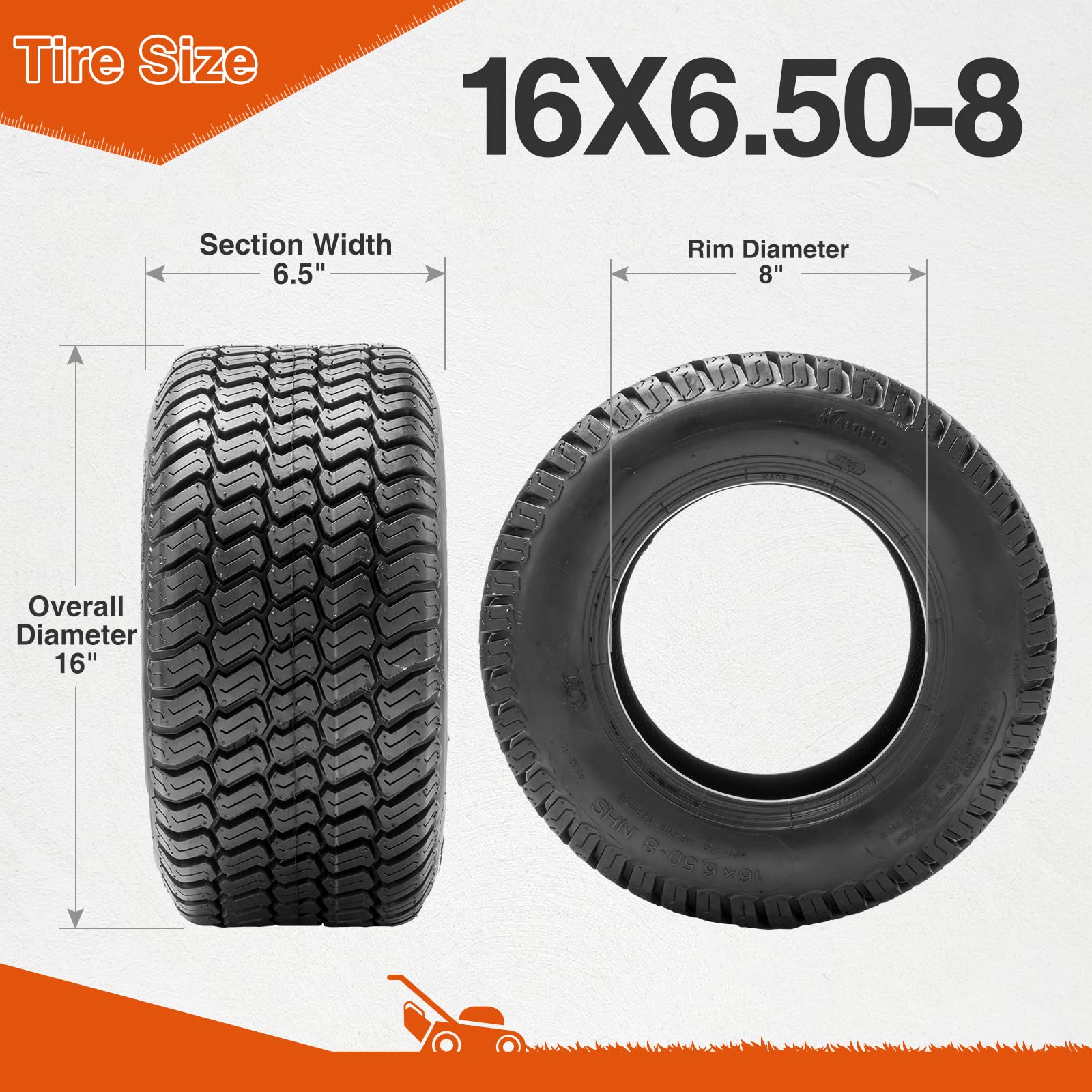 HALBERD 2-Pack 16x6.50-8 Lawn Mower Tires 4PR Turf Saver Tires - Tubeless Garden Tractor & Riding Mower Tires for Smooth Lawn Care & Landscaping