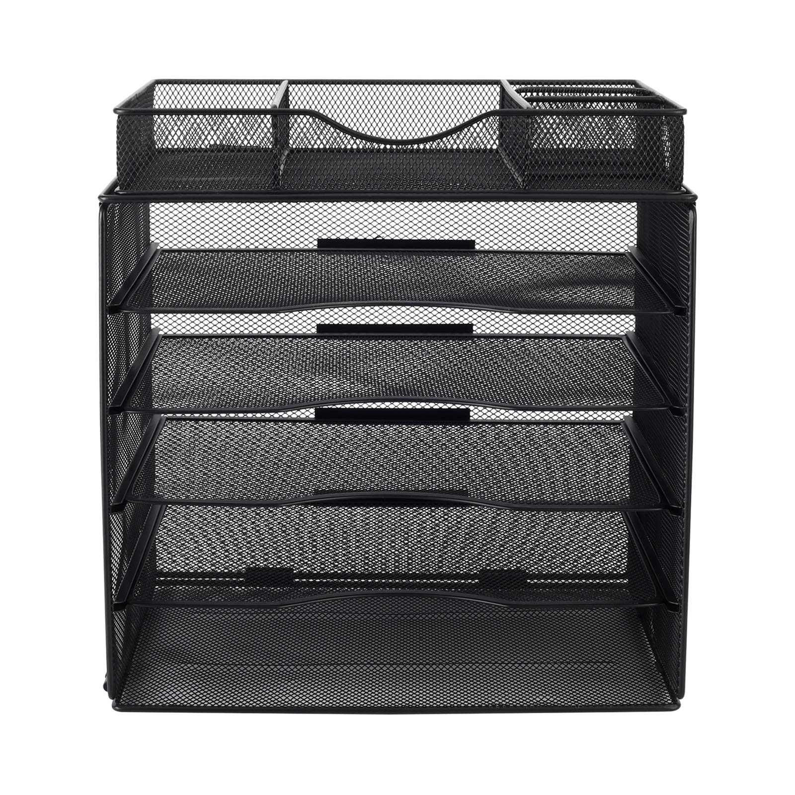5-Tier Mesh Desk Organizer with Drawer - Black File Sorter & Paper Storage Tray for Home, Office, Classroom Organization | Perfect for Documents, Stationery, and Office Supplies