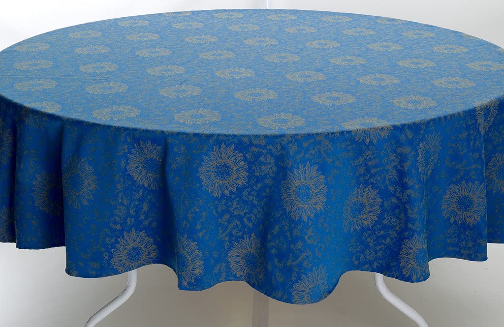 Amelie Michel Luxury French Jacquard Tablecloth - Sunflower Blue Design | Stain Resistant, Easy Care, Machine Washable | Made in France | 110 Inch Round Dining Table Cover for Weddings, Parties & Formal Events