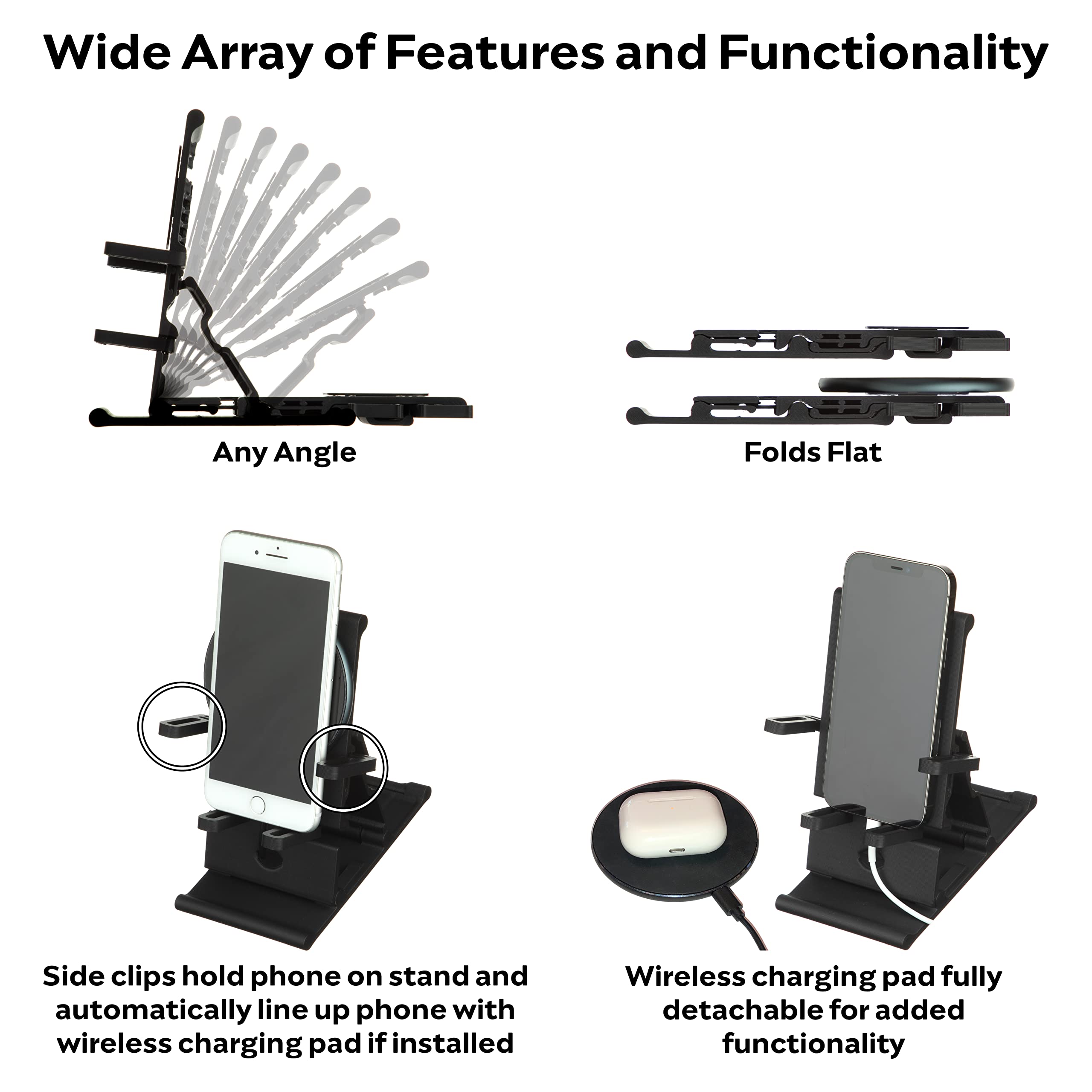Premium Phone Stand with Wireless Charging - Made in USA (Black Rose) - Perfect for Home, Office & Travel Use