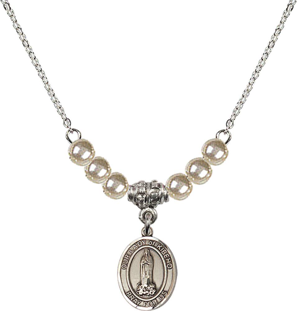 Bonyak 18 Inch Rhodium Plated Pearl Beaded Necklace with Our Lady of Kibeho Pendant - Elegant Religious Jewelry for Women, Perfect for Church, Weddings & Special Occasions