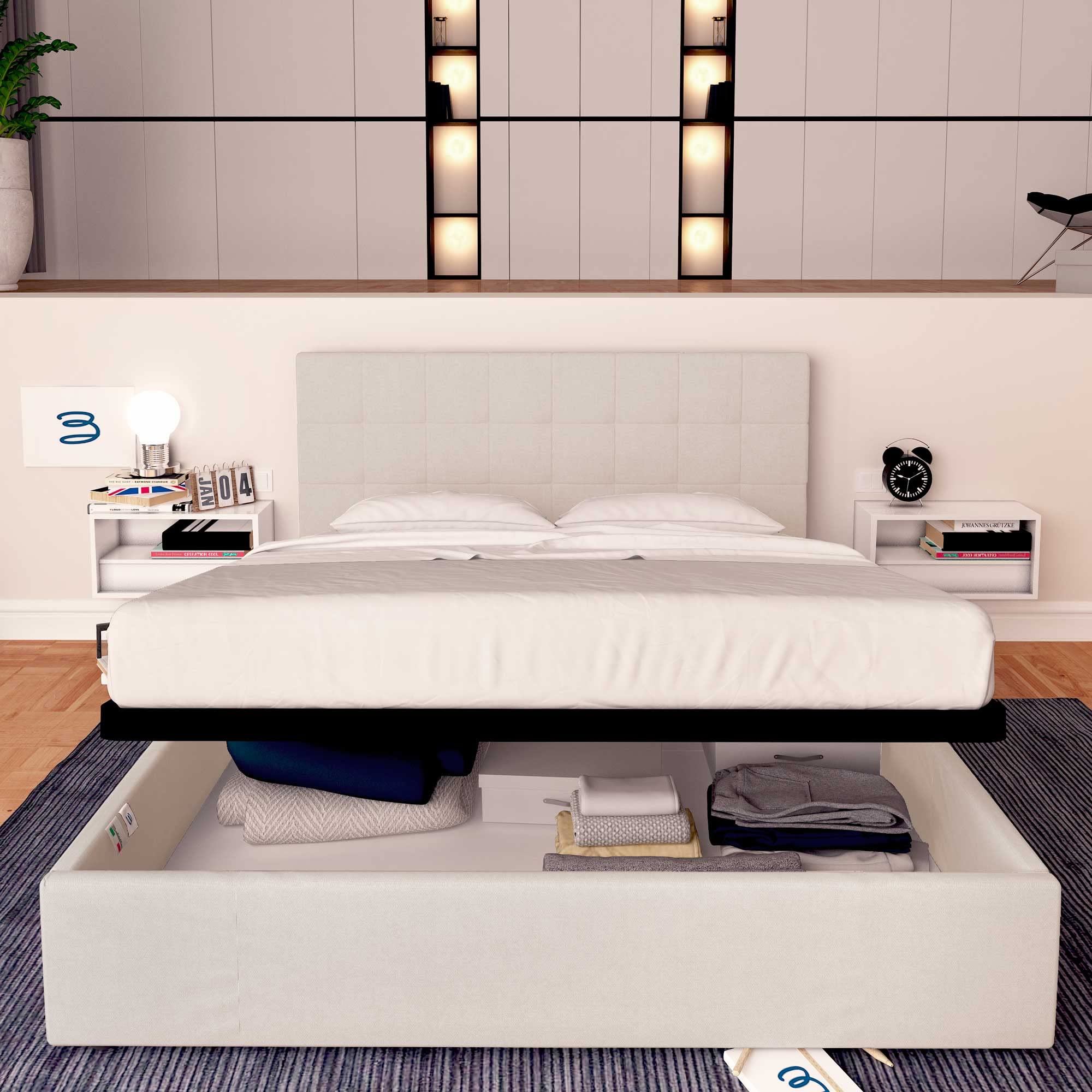 Baldiflex Dublin Fabric Double Bed Frame with Storage, Slatted Base for Single Mattresses, 160 x 190 cm, Elegant Headboard in Light Gray - Perfect for Small Bedrooms & Guest Rooms