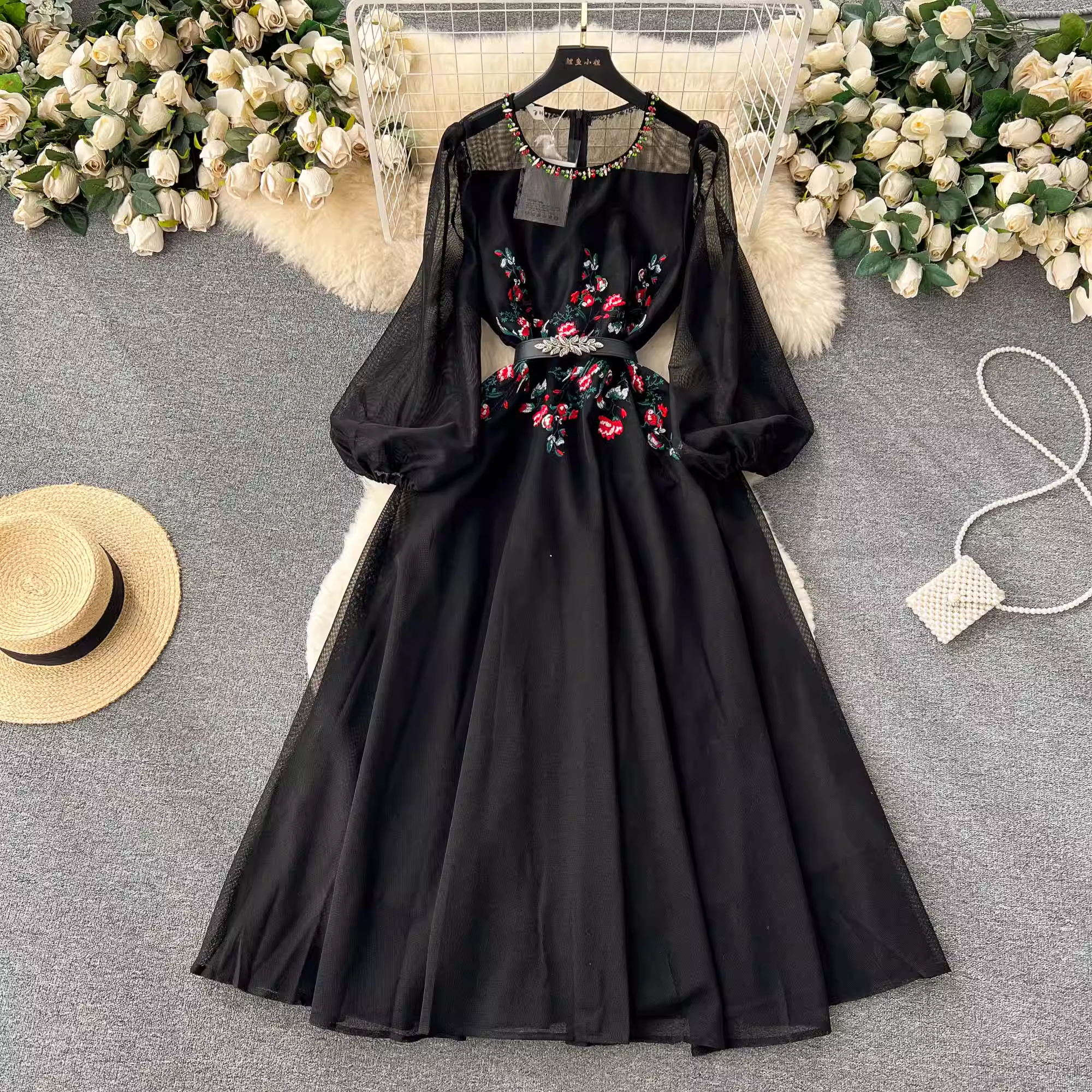 Elegant Embroidered Mesh Beaded Long Sleeve Fairy Dress for Women - Perfect for Autumn Weddings, Parties & Special Occasions