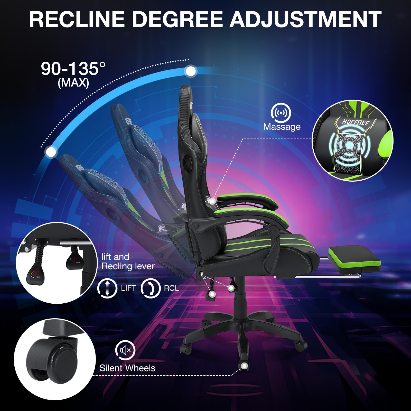 HOFFREE LED Gaming Chair with Massage & Bluetooth Speakers - Ergonomic Big and Tall PC Gaming Chair with Footrest for Adults (400lbs Capacity) - Green & Black Computer Desk Chair for Gaming, Office & Home Entertainment