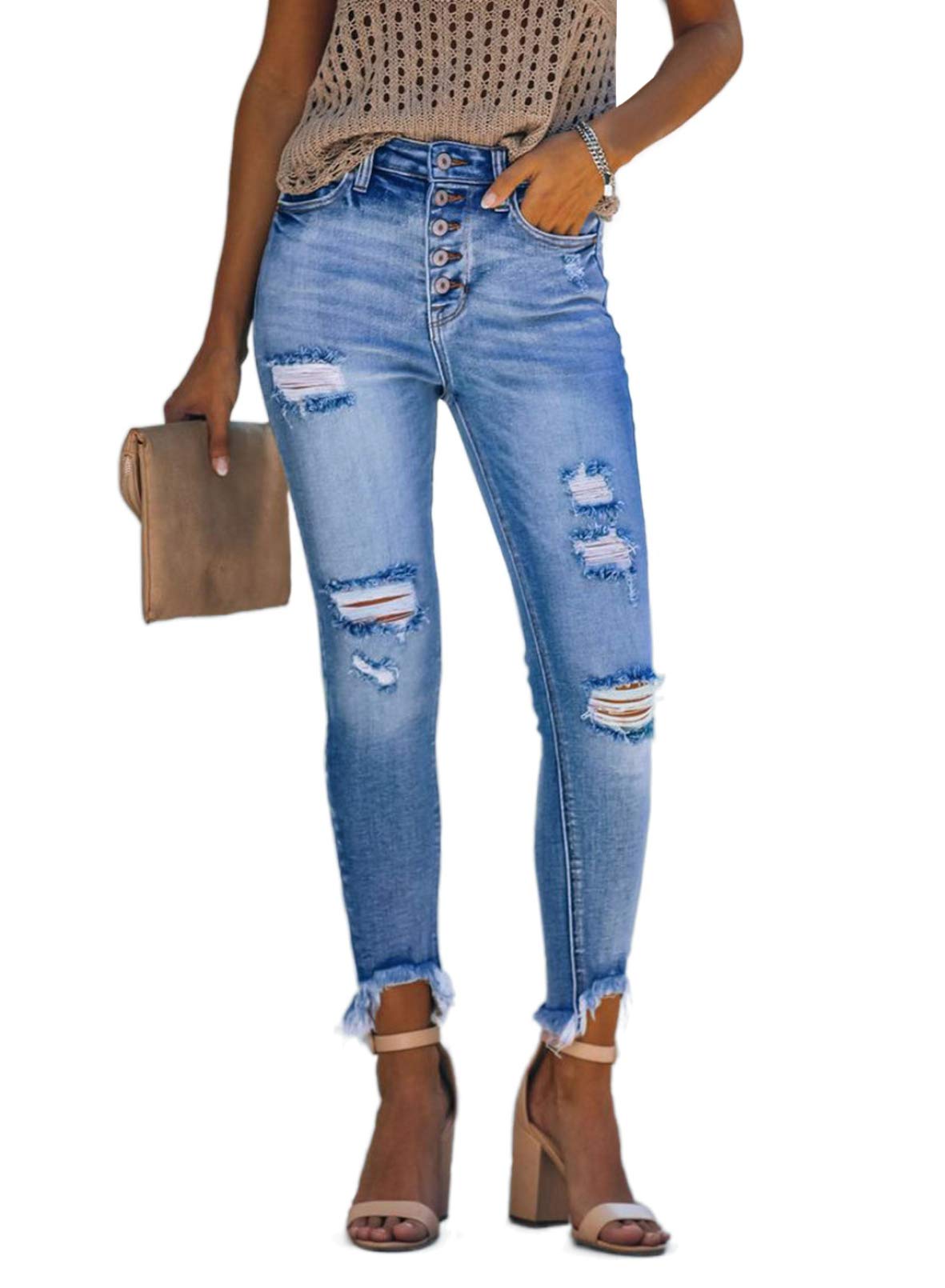 Blibea Women's Distressed Drawstring Joggers with Pockets - Stretchy Denim Jeans for Casual Wear & Lounge