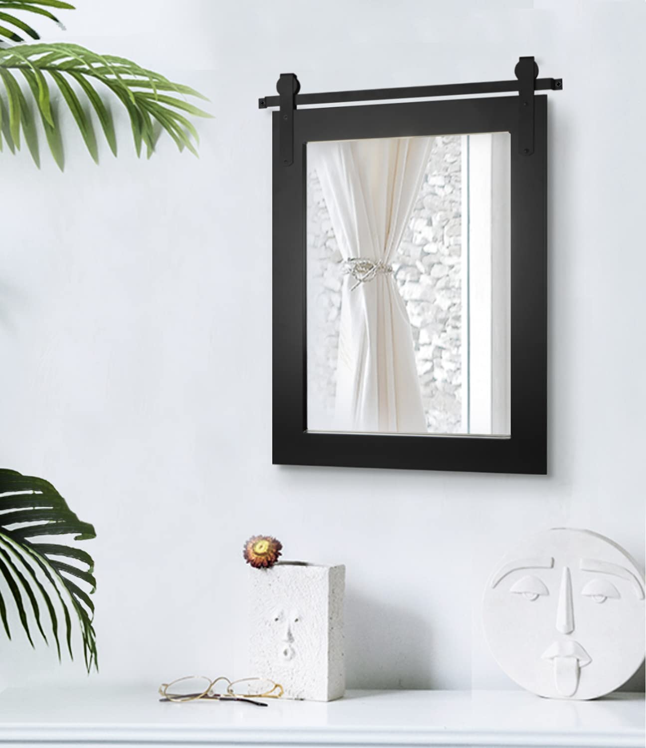Farmhouse Wood Framed Wall Mirror - Rustic Barn Door Style Black Mirror 22x28 Inches - Perfect for Entryway, Living Room & Bedroom Decor