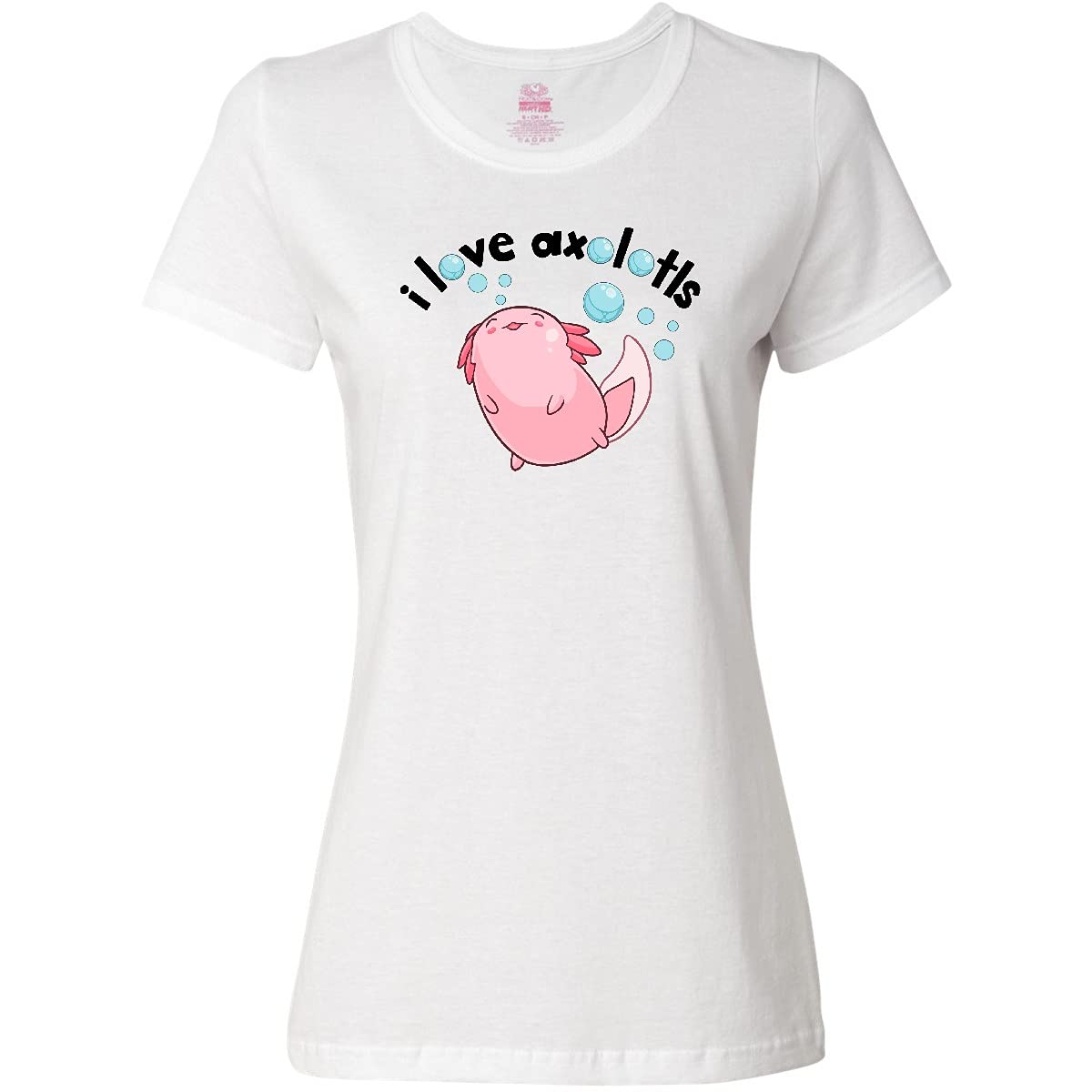 Inktastic I Love Axolotls with Bubbles Women's T-Shirt | Cute Axolotl Graphic Tee | Soft Cotton Casual Shirt | Perfect for Animal Lovers, Gifts & Everyday Wear
