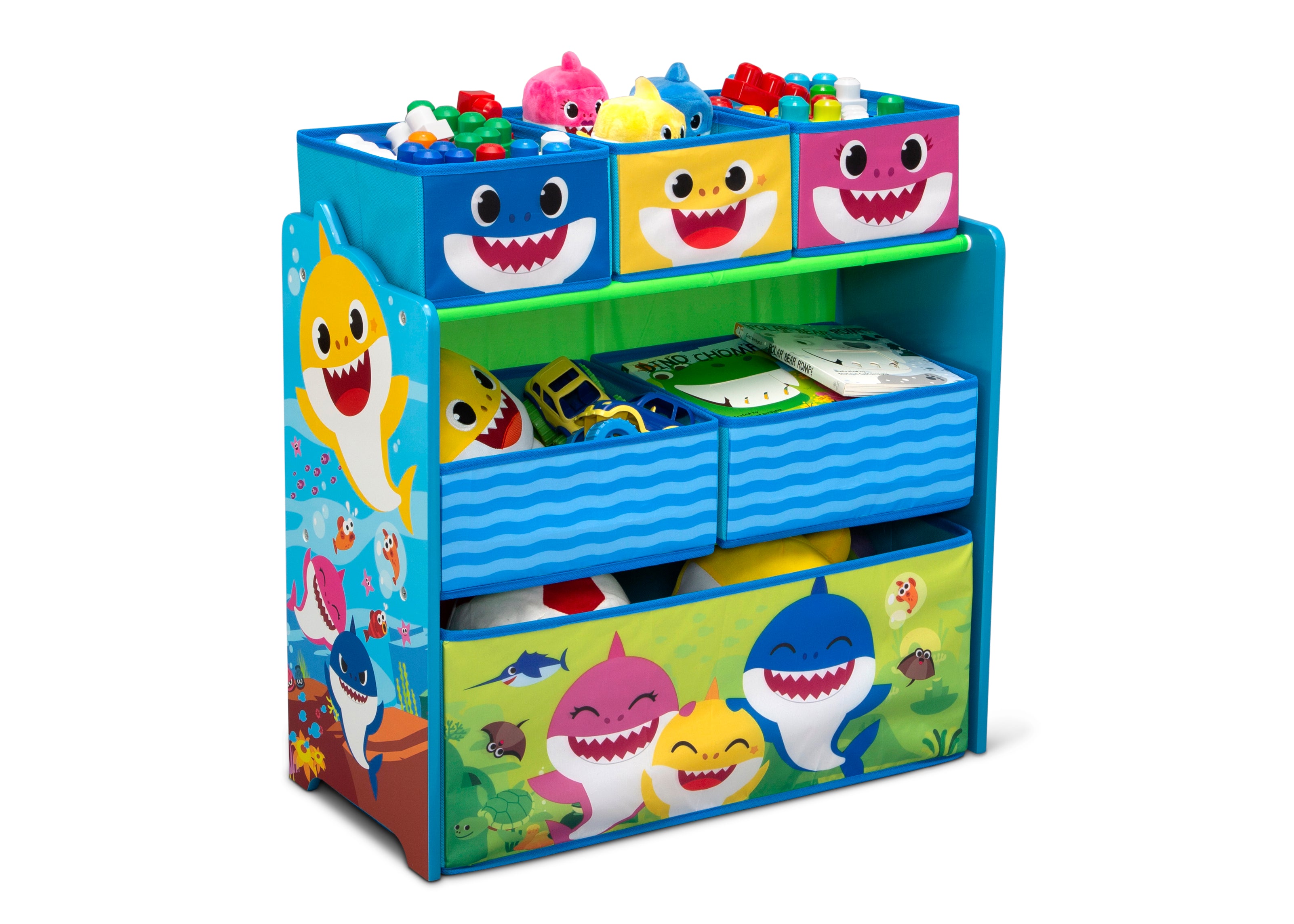 Baby Shark 5-Piece Toddler Bedroom Set - Toddler Bed, Table with 2 Chairs & 6-Bin Toy Organizer | Perfect for Kids' Rooms, Playrooms & Nursery Decor