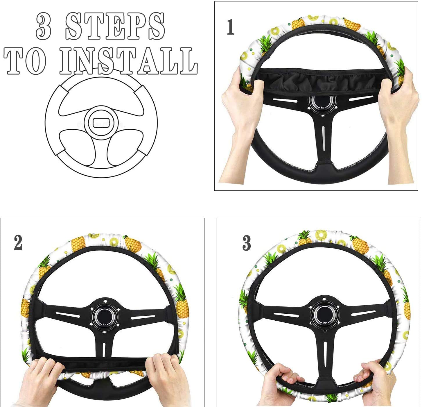 JEOCODY Tropical Pineapple Car Steering Wheel Cover Set with Handbrake & Gear Shift Covers - Universal Fit 14-15 Inch - Fun Summer Accessories for Beach Road Trips & Tropical Themed Cars