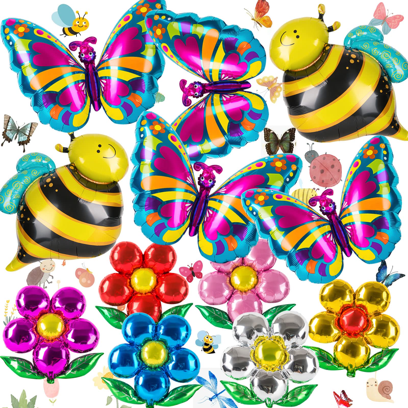 12 Pcs Butterfly Balloons - Floral Honey Bee Balloons, Colorful Flower Balloons, Fairy Butterfly Foil Mylar Bumblebee Balloons for Spring Theme, Bee Baby Shower, Butterfly Birthday Party Decorations - Perfect for Outdoor Garden Parties, Indoor Celebrations, and Festive Events