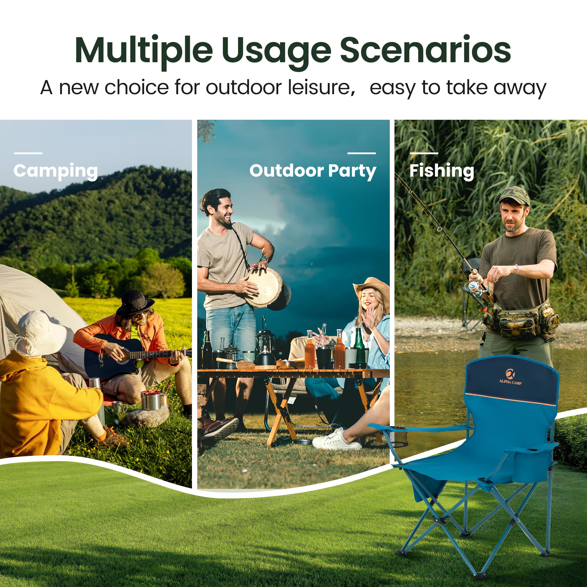 2 Pack Portable Camping Chairs for Adults - Lightweight Folding Outdoor Lawn Chairs with 225lbs Capacity - Perfect for Camping, Beach, Tailgating, Picnics & Backyard Relaxation (Blue)