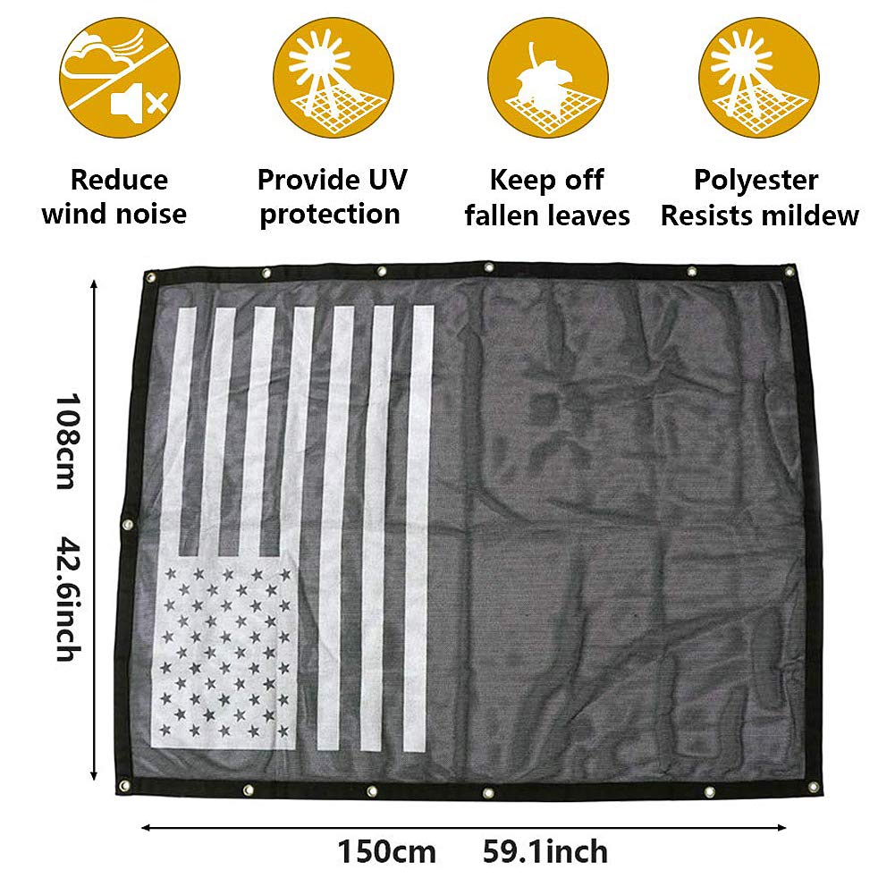 Jeep Wrangler TJ Bikini Top Sunshade Mesh Cover (1997-2006) - UV Protection, Wind & Noise Reduction, USA Flag Design - Perfect for Off-Roading, Beach Trips & Summer Adventures
