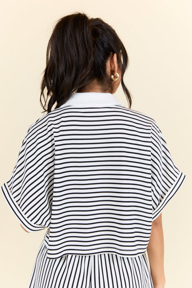 Stylish White and Black Striped Cropped Knit Shirt for Women | Trendy Casual Wear for Outings, Dates & Summer Fashion