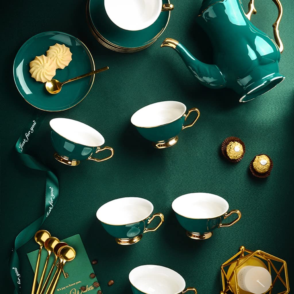 Premium 6-Piece Porcelain Tea Set with Teapot, Cups & Saucers - Elegant Ceramic Tea/Coffee Gift Set for Adults - Perfect for Tea Parties, Afternoon Tea & Home Decor (Green, Style 3)